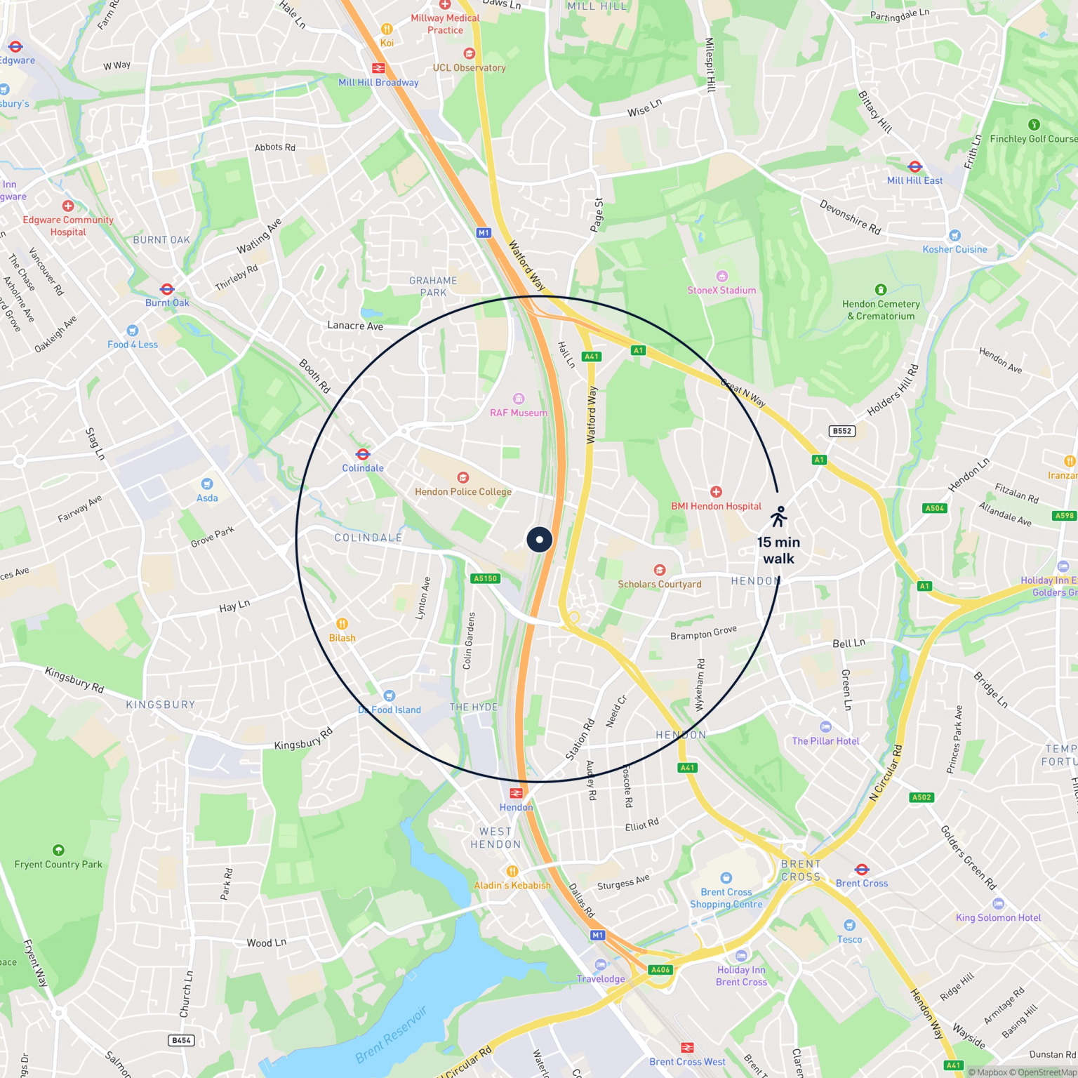 Map showing the location of Unit 8 Propeller Way, Aerodrome Road, Hendon, NW4 4BW and the surrounding 15 minute walk area.