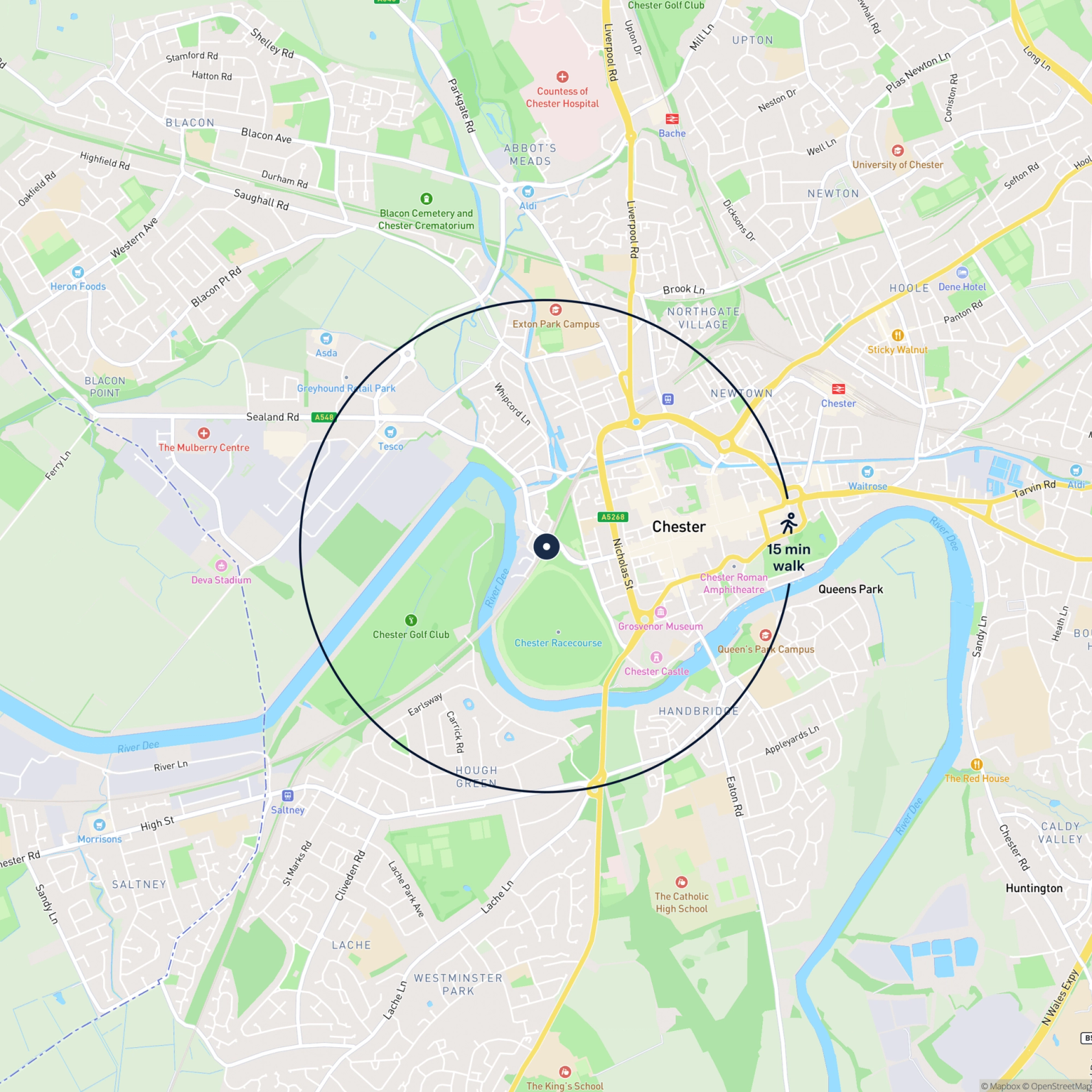 Map showing the location of 3 Kitchen Street, Chester, CH1 4JH and the surrounding 15 minute walk area.
