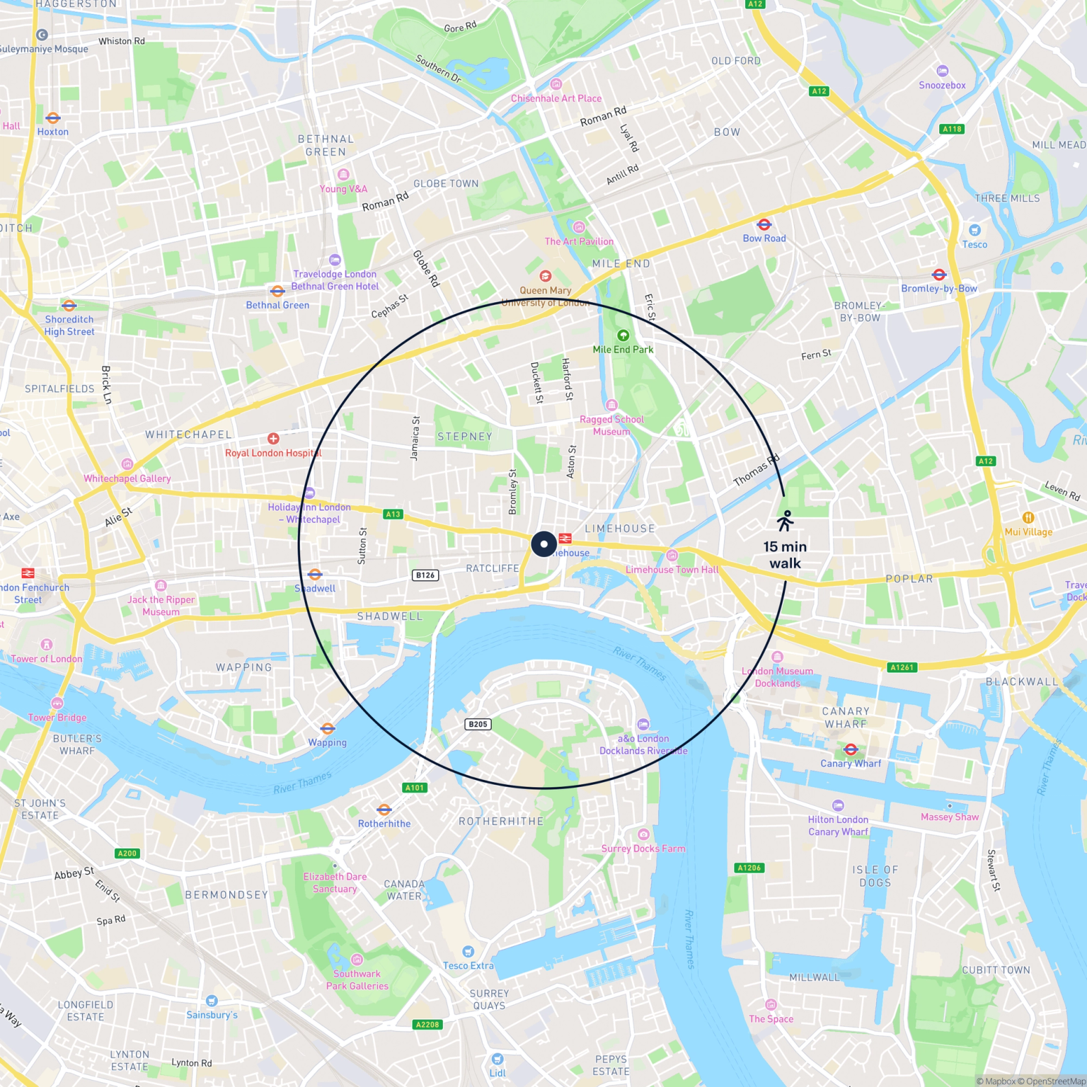 Map showing the location of 566 Commercial Road, London, E14 7JD and the surrounding 15 minute walk area.