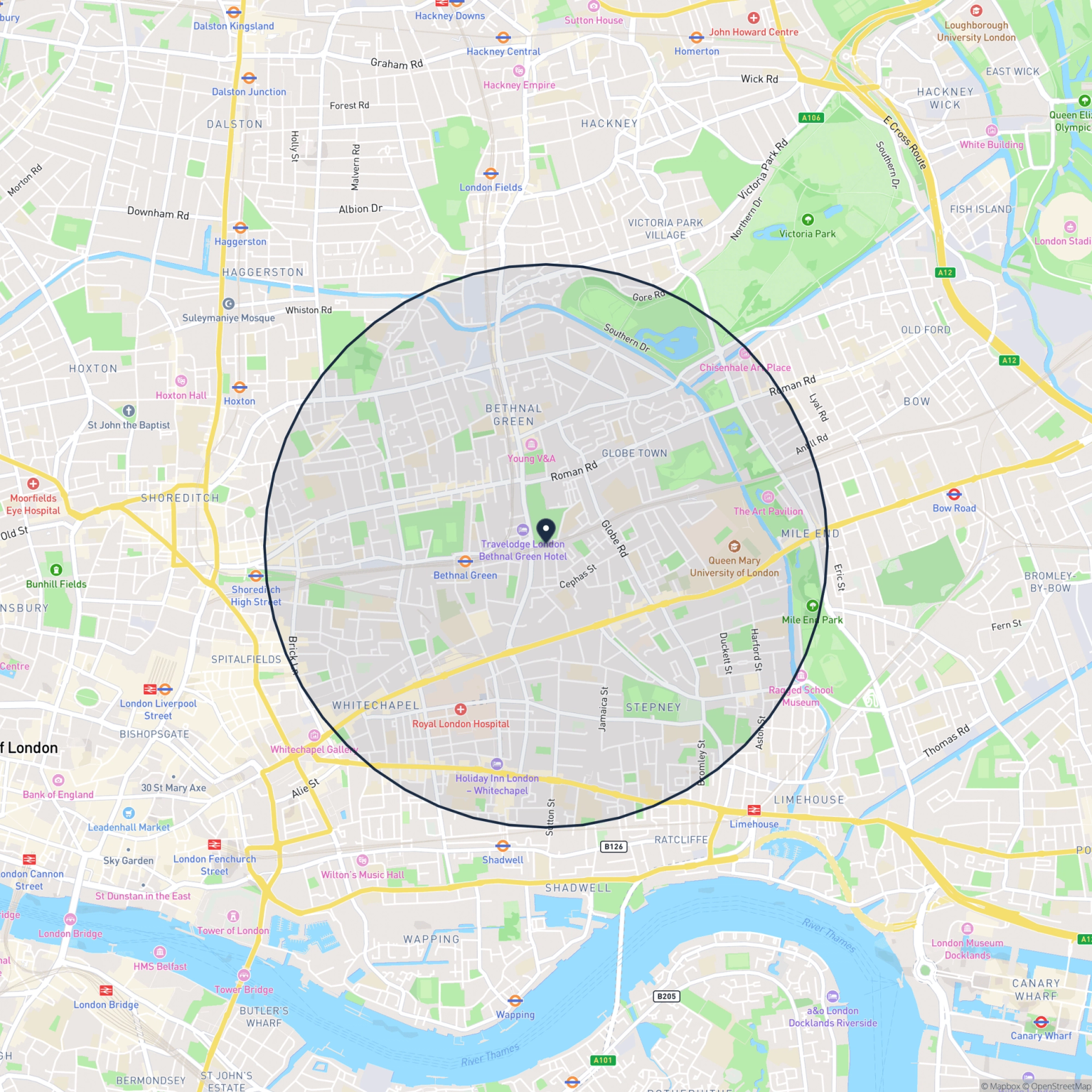 Map showing the location of 163 Malcolm Place, London, E2 0EU and the surrounding 15 minute walk area.