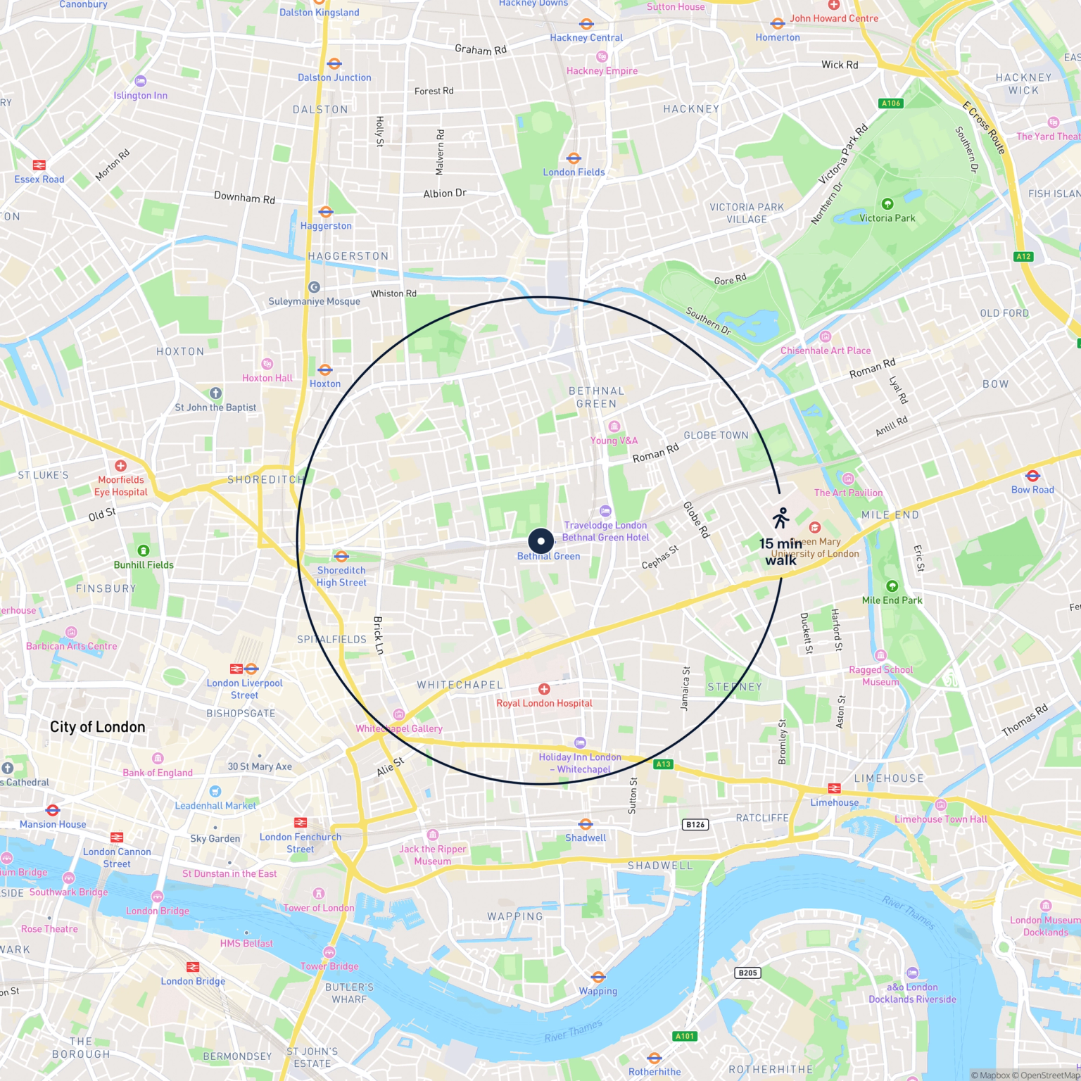 Map showing the location of 116 & 117 Brady Street, London, E1 5DT and the surrounding 15 minute walk area.