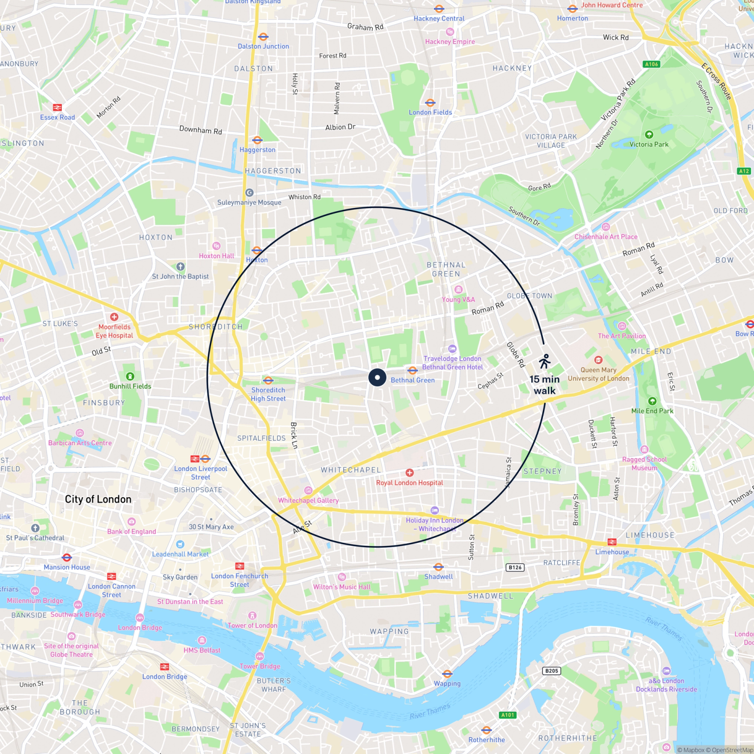 Map showing the location of ARCH 88 HEMMING STREET, BETHNAL GREEN, E2 6JJ and the surrounding 15 minute walk area.