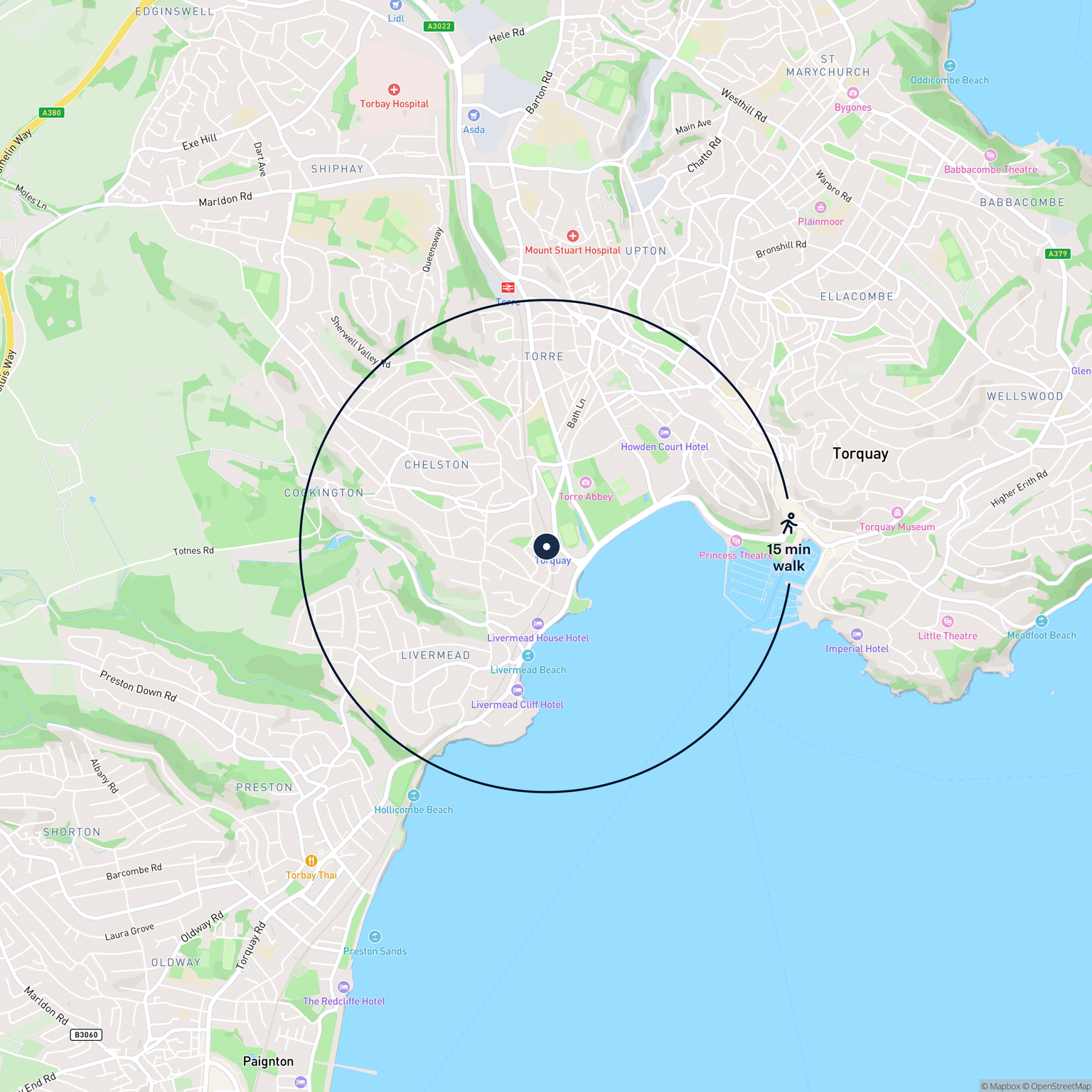 Map showing the location of Unit 3, Station Building, Solsbro Road, Torquay, TQ2 6NU and the surrounding 15 minute walk area.