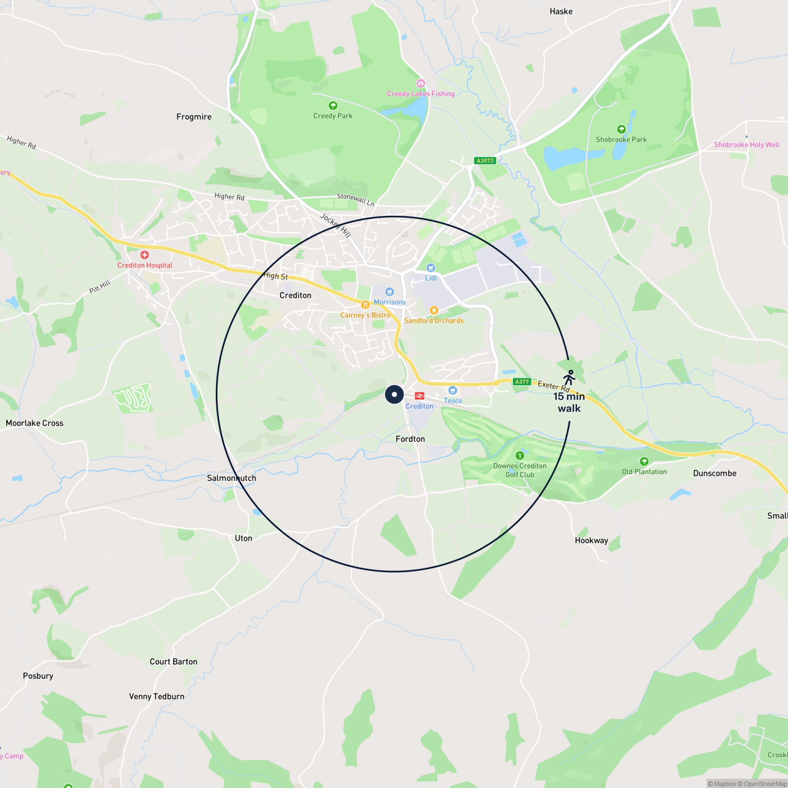 Map showing the location of Land at Parkes Road, Crediton, EX17 3BH and the surrounding 15 minute walk area.