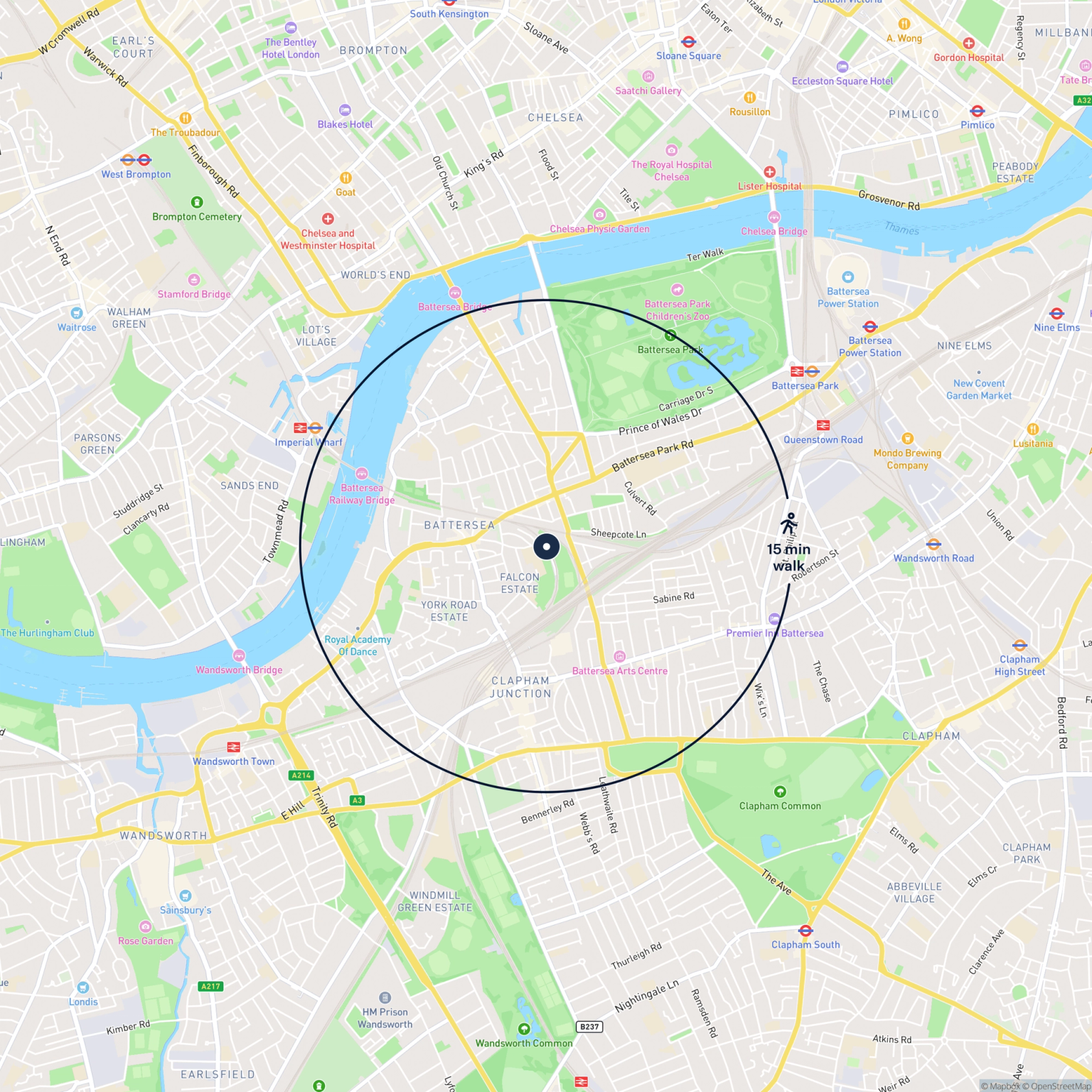 Map showing the location of 2 Cranleigh Mews, London, SW11 2QL and the surrounding 15 minute walk area.