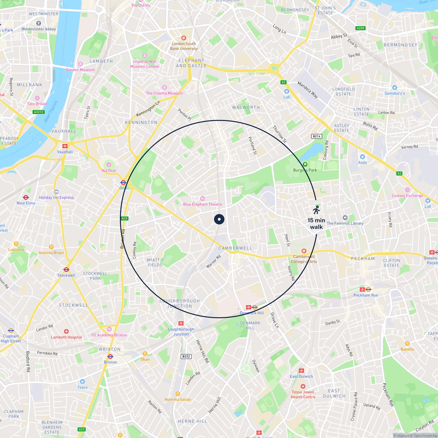 Map showing the location of 317 Blucher Road, London, SE5 0LH and the surrounding 15 minute walk area.