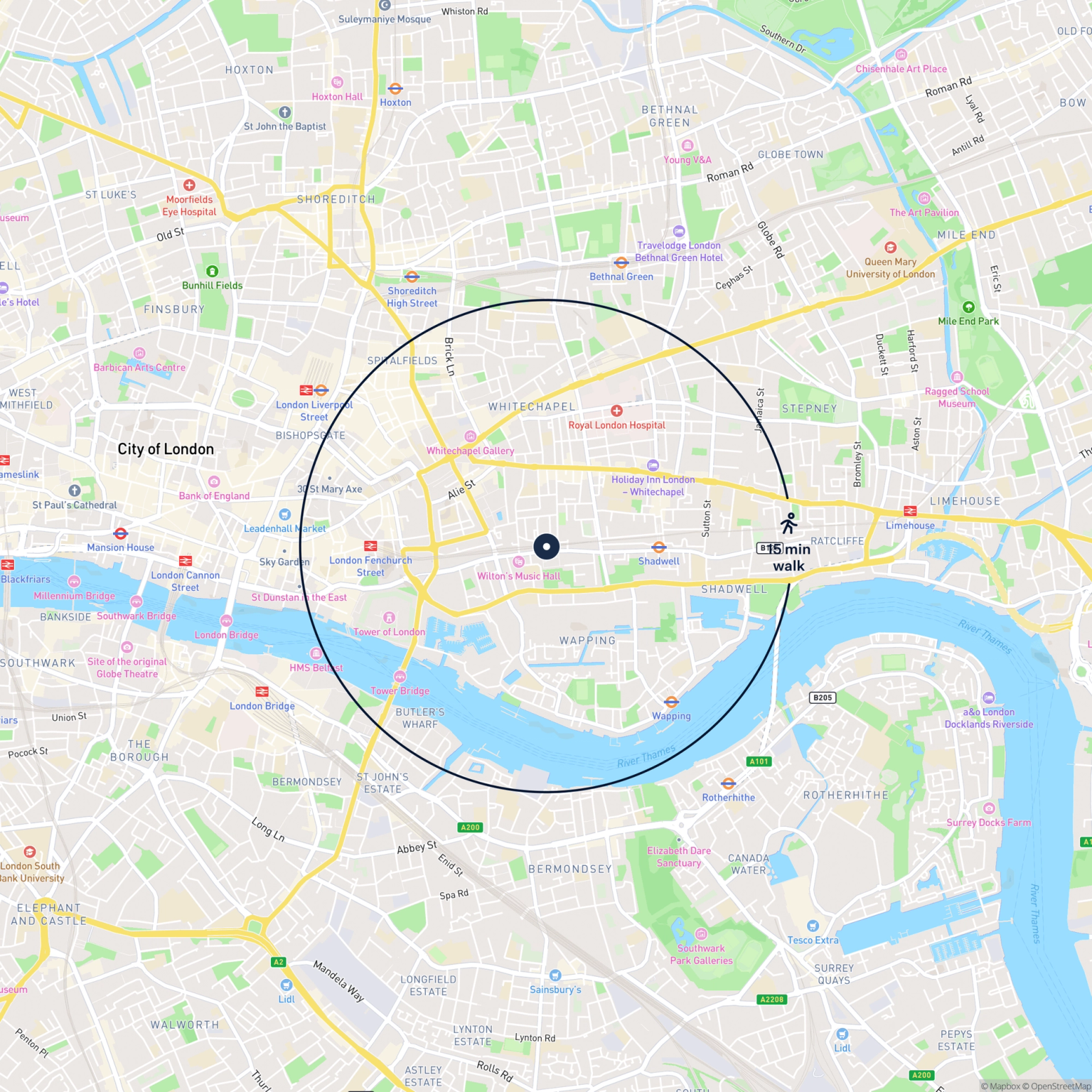 Map showing the location of Unit 87 Cable Street, London, E1 1LX and the surrounding 15 minute walk area.
