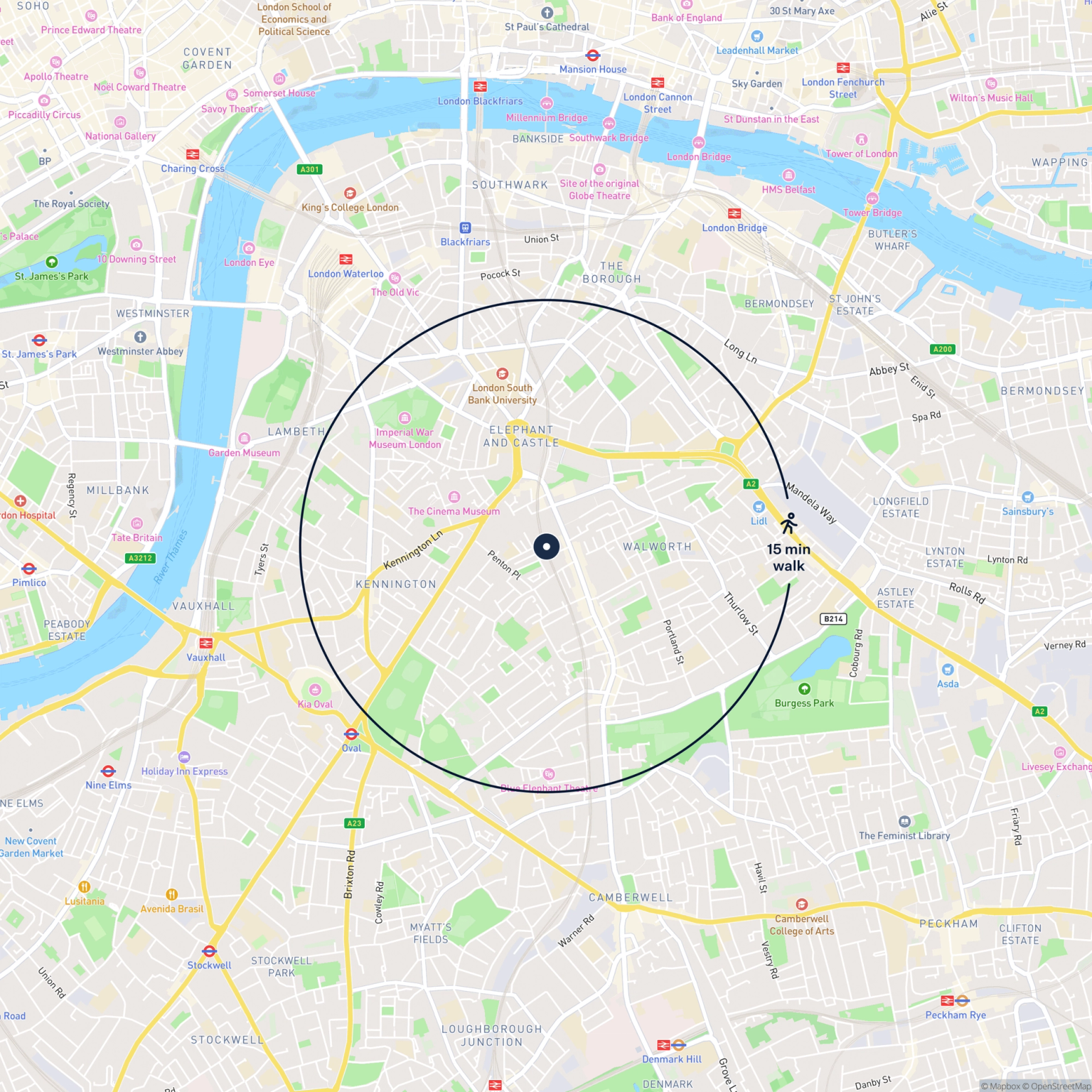 Map showing the location of 173 Robert Dashwood Way, Southwark, SE17 3PZ and the surrounding 15 minute walk area.