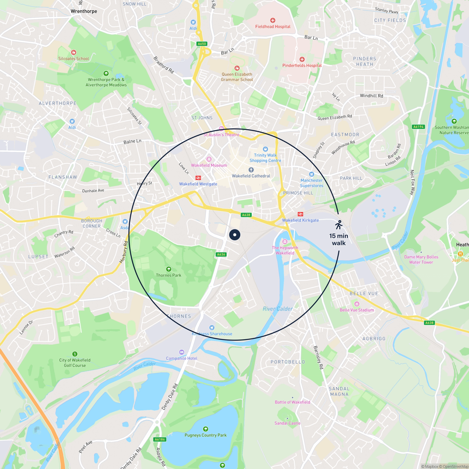 Map showing the location of Unit C Fox Way, Wakefield, WF2 8EE and the surrounding 15 minute walk area.