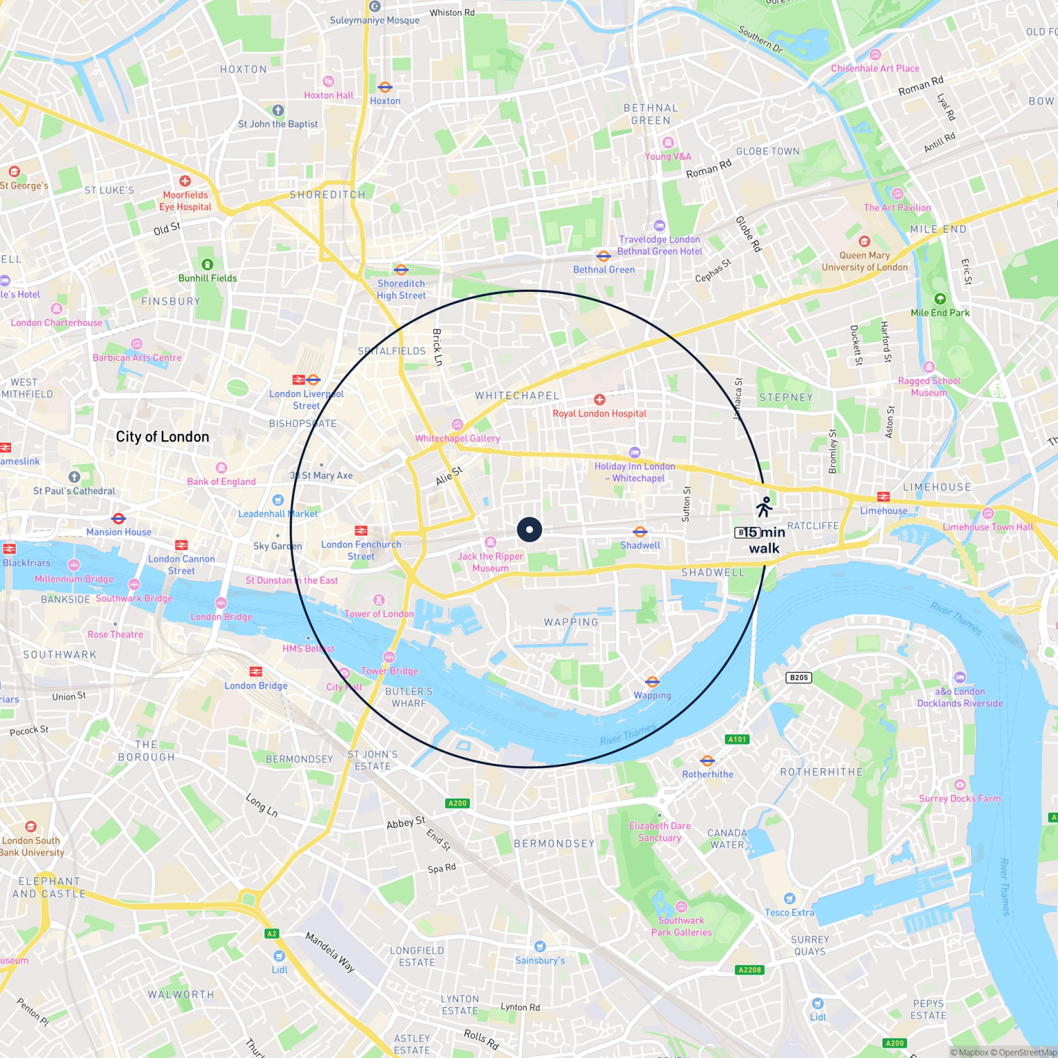 Map showing the location of 86 Cable Street, London, E1 8AF and the surrounding 15 minute walk area.