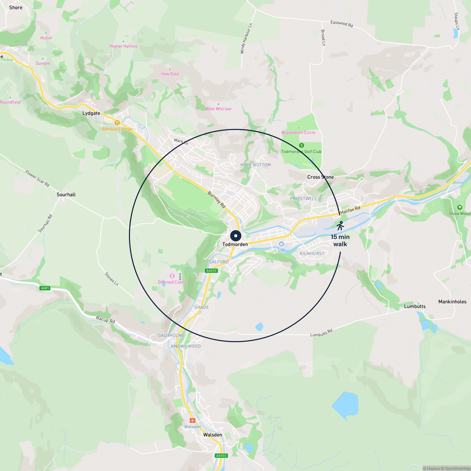 Map showing the location of Land at 7 Ridge Road, Todmorden, OL14 7BU and the surrounding 15 minute walk area.
