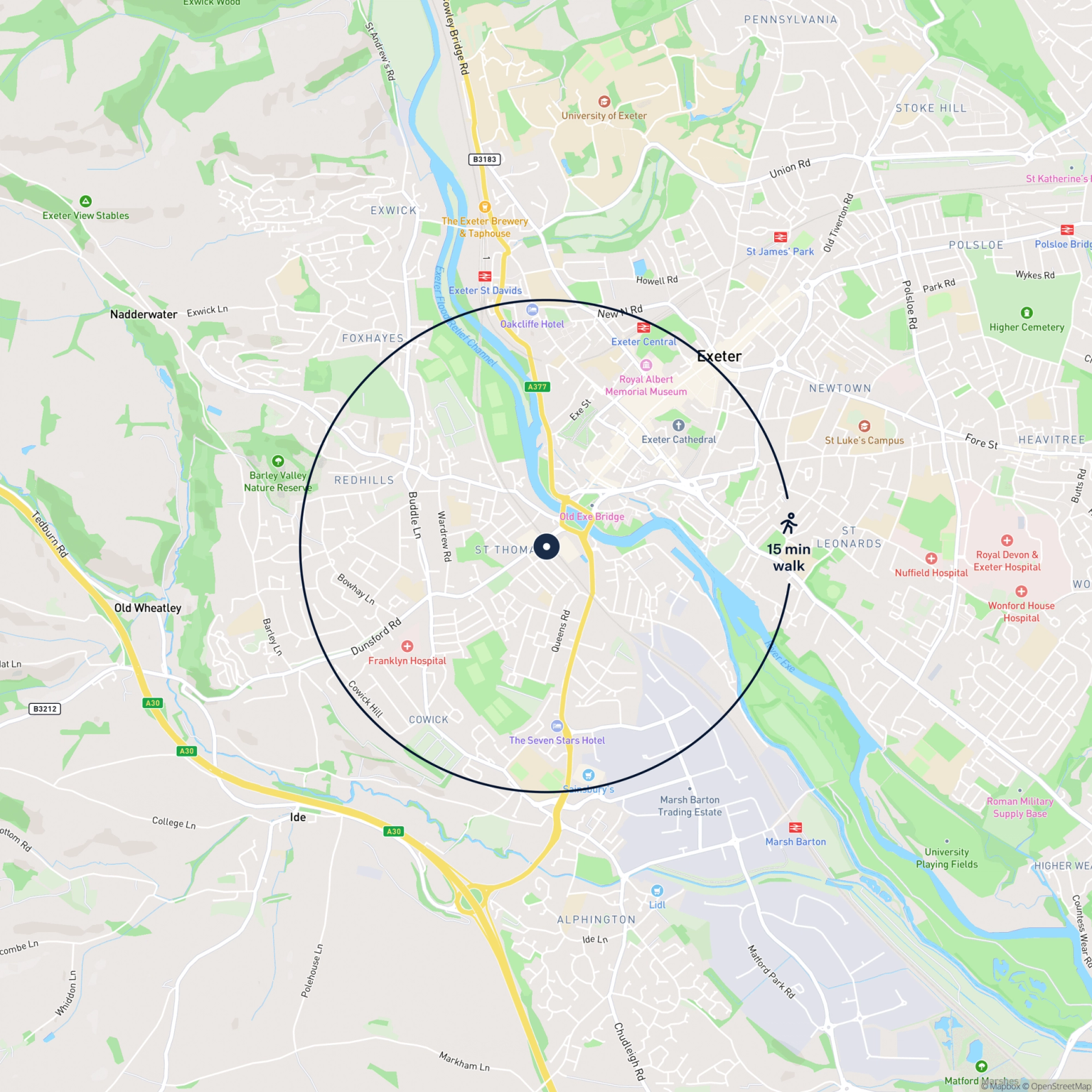 Map showing the location of 21 St Thomas Court, Cowick Street, Exeter, EX4 1AJ and the surrounding 15 minute walk area.