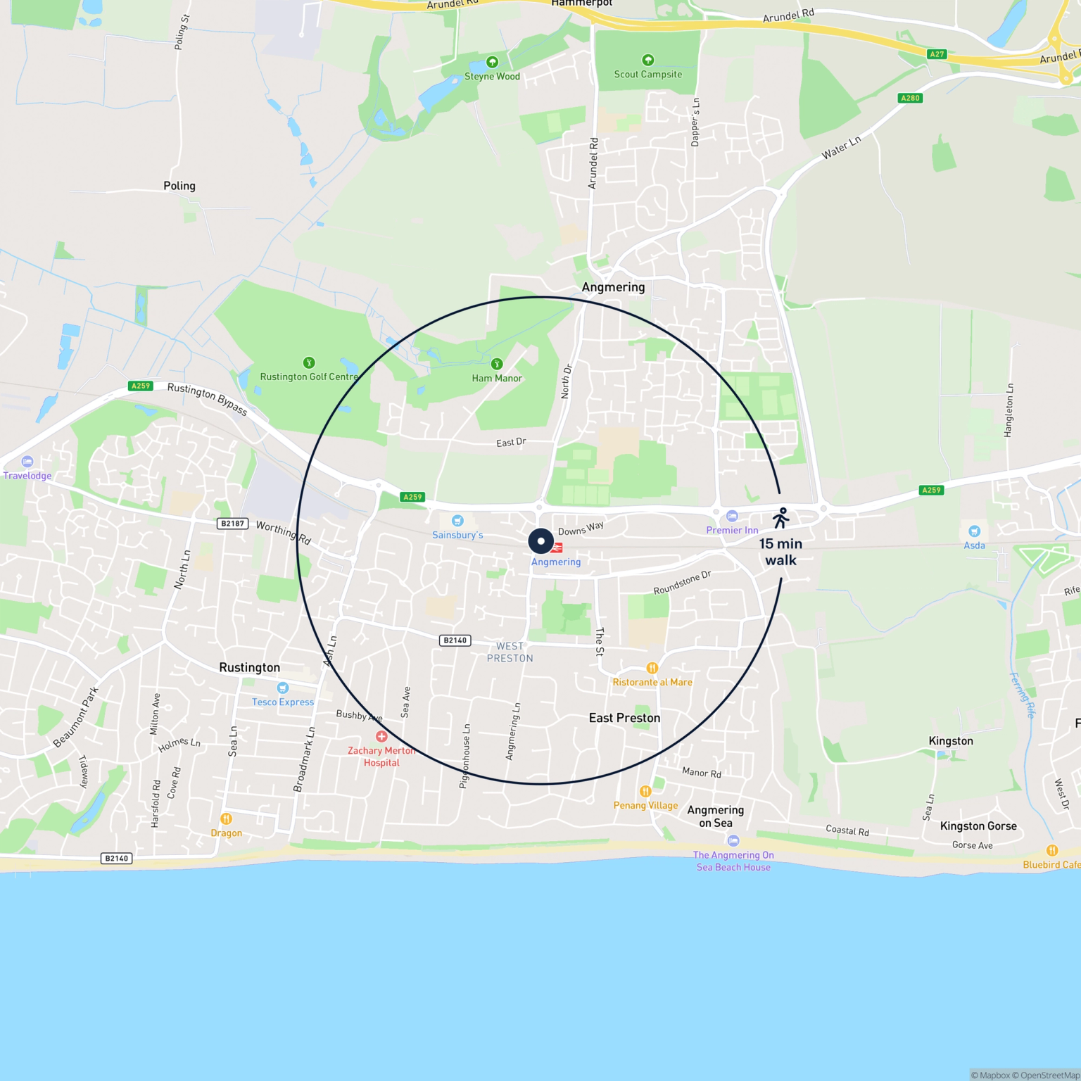 Map showing the location of Land In Former Goods Yard Off Station Road, Angmering, Littlehampton, BN16 3RE and the surrounding 15 minute walk area.