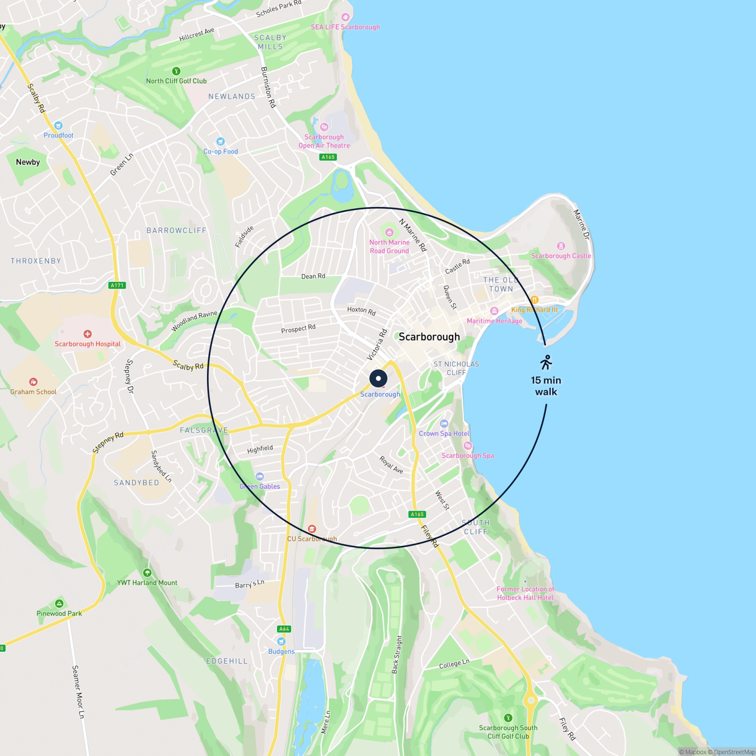 Map showing the location of 1 Station Shops, Scarborough, YO11 1TR and the surrounding 15 minute walk area.