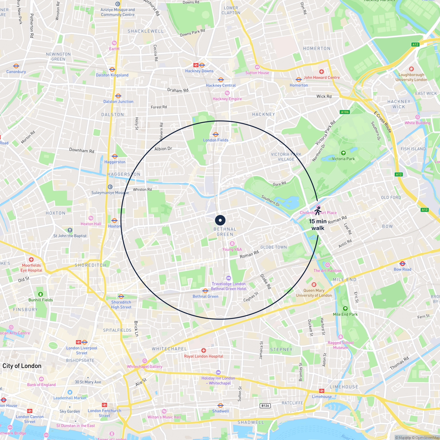 Map showing the location of 289 Cambridge Heath Road , London, E2 9HA and the surrounding 15 minute walk area.