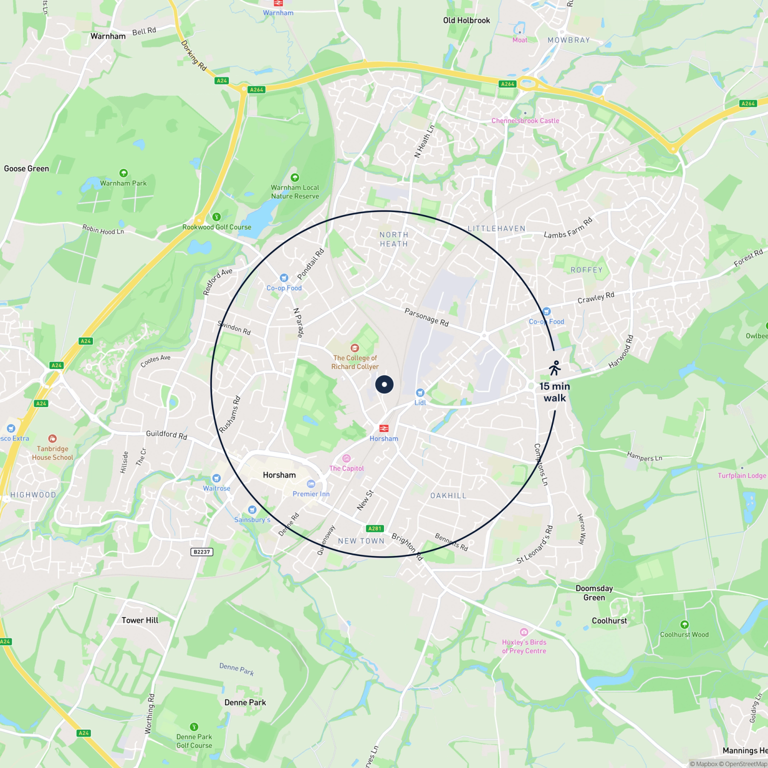 Map showing the location of Warehouse on Nightingale Road, Horsham, RH12 2NW and the surrounding 15 minute walk area.