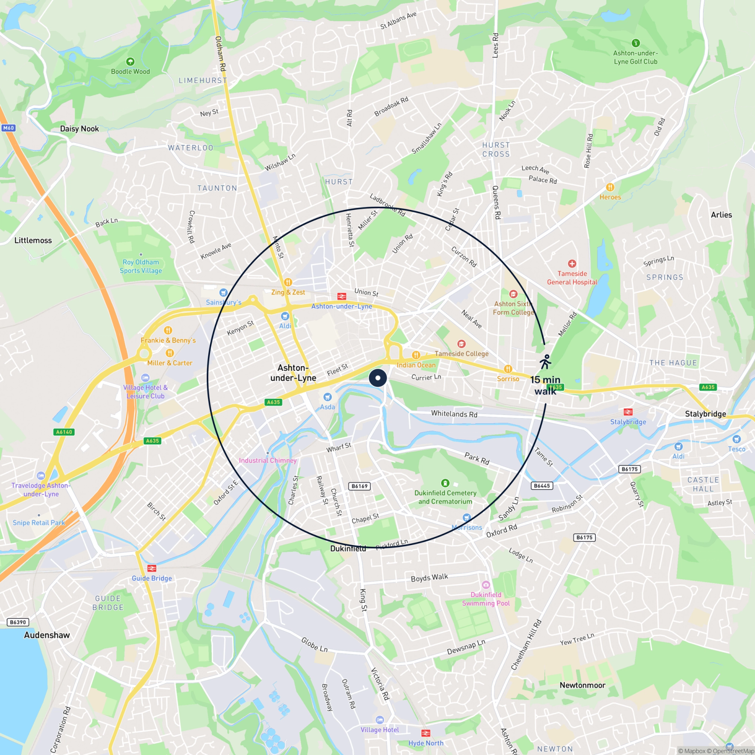 Map showing the location of 10 Wharf Parade, Ashton-Under-Lyne, OL6 7PE and the surrounding 15 minute walk area.