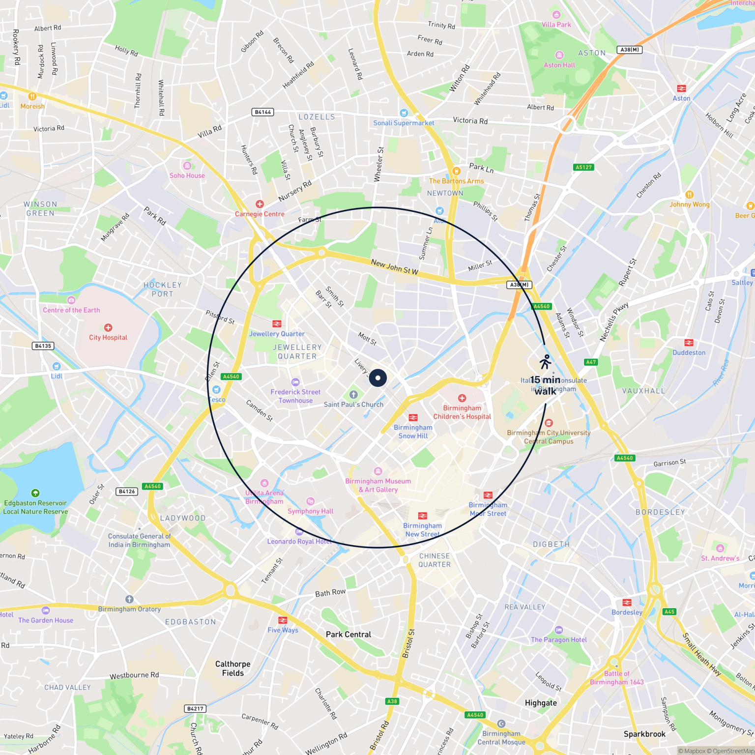 Map showing the location of 41 Henrietta Street, Snow Hill, Birmingham, B19 3AW and the surrounding 15 minute walk area.