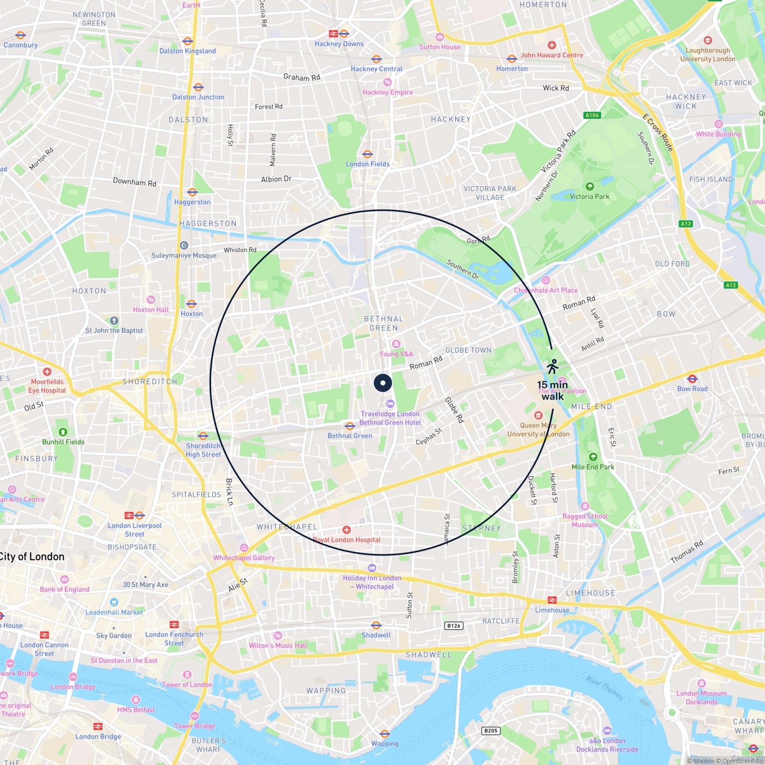 Map showing the location of 6 Gales Gardens, Bethnal Green, E2 0EJ and the surrounding 15 minute walk area.