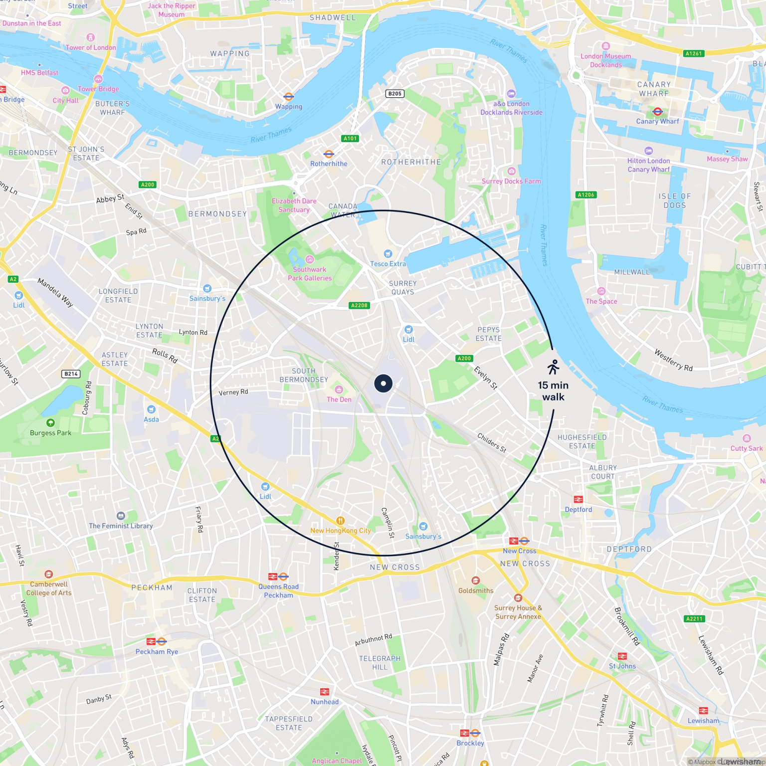 Map showing the location of 35 Gemini Business Estate , SE14 5RL and the surrounding 15 minute walk area.