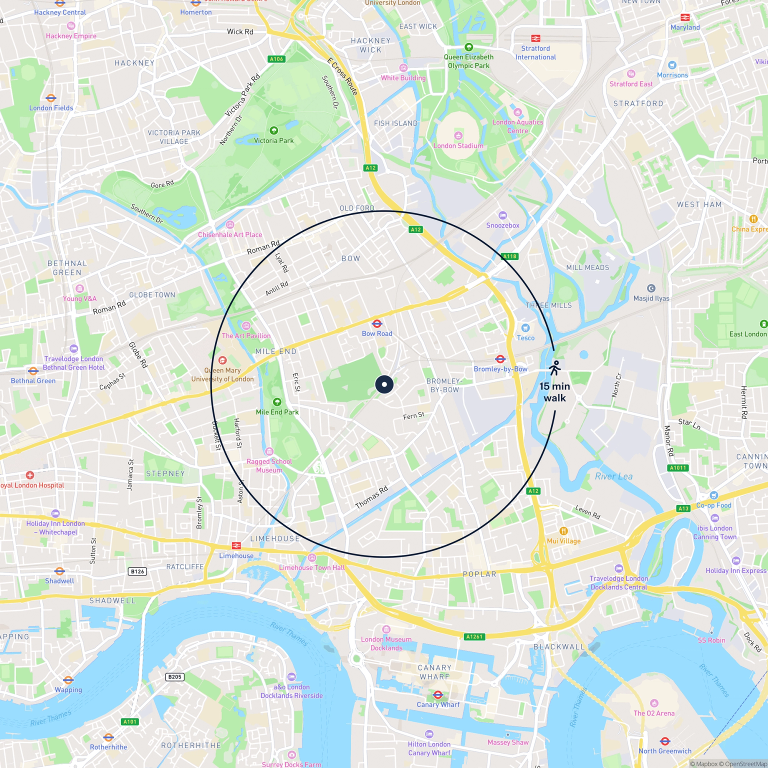 Map showing the location of 43 Bow Triangle, Eleanor Street, London, E3 4NP and the surrounding 15 minute walk area.