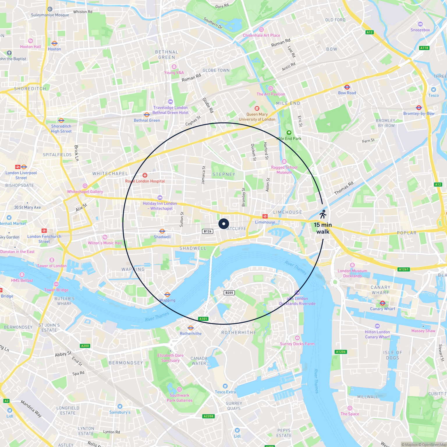 Map showing the location of 207 Barnardo Street, London, E1 0LL and the surrounding 15 minute walk area.