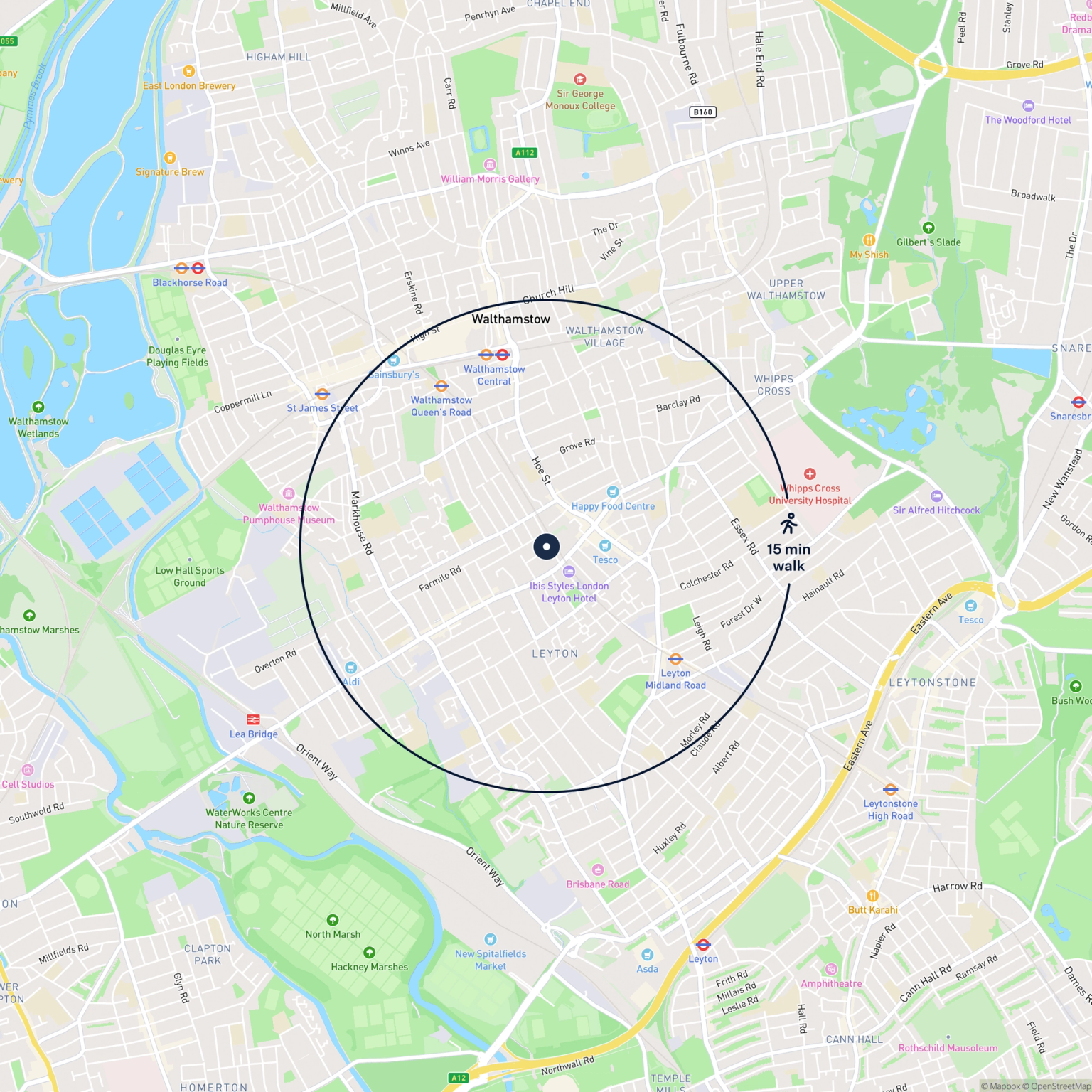 Map showing the location of 84 Russell Road, London, E10 7ES and the surrounding 15 minute walk area.