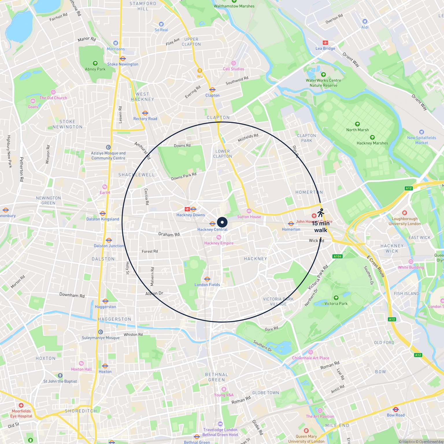 Map showing the location of Unit 7 Bohemia Place, London, E1 5DU and the surrounding 15 minute walk area.