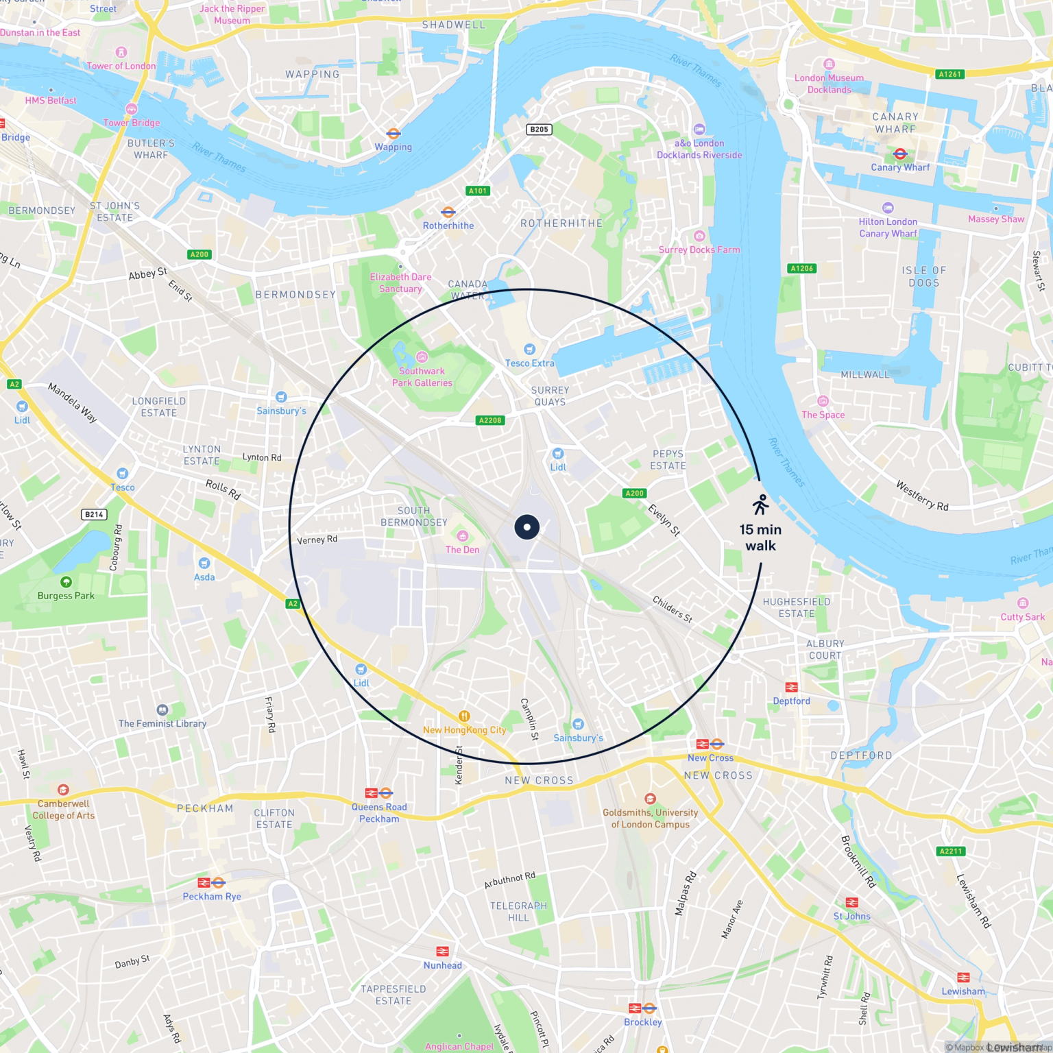 Map showing the location of Unit 33 Gemini Business Estate, London, SE14 5RL and the surrounding 15 minute walk area.