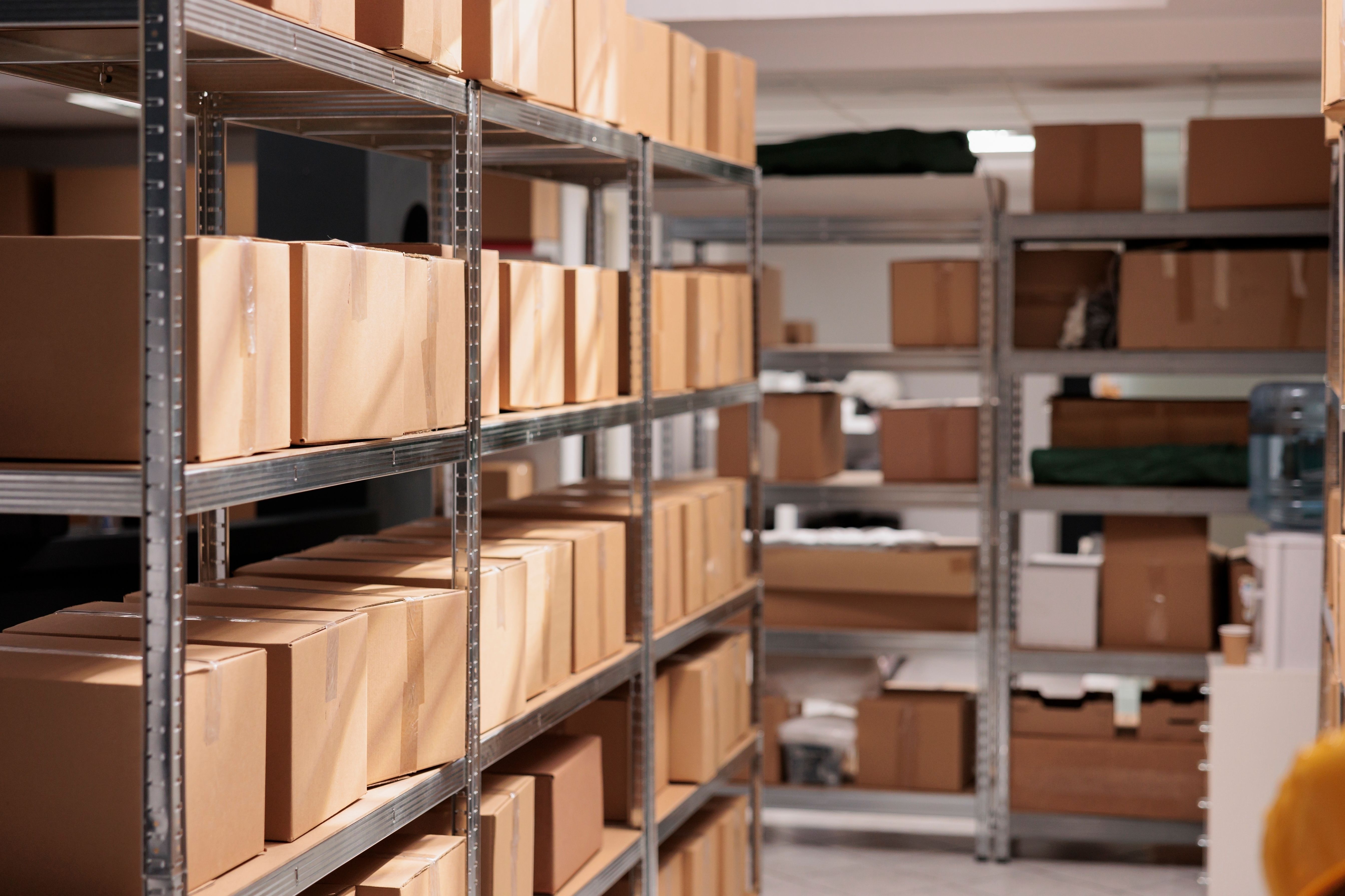 Warehouse with metal shelves filled with cardboard boxes.