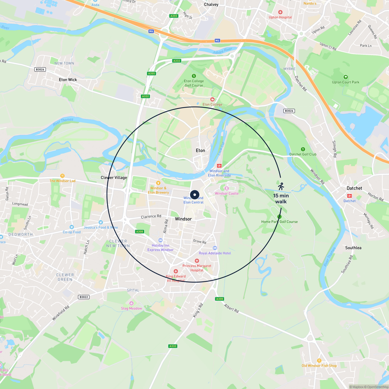 Map showing the location of 11 Goswell Hill, Windsor, SL4 1RH and the surrounding 15 minute walk area.