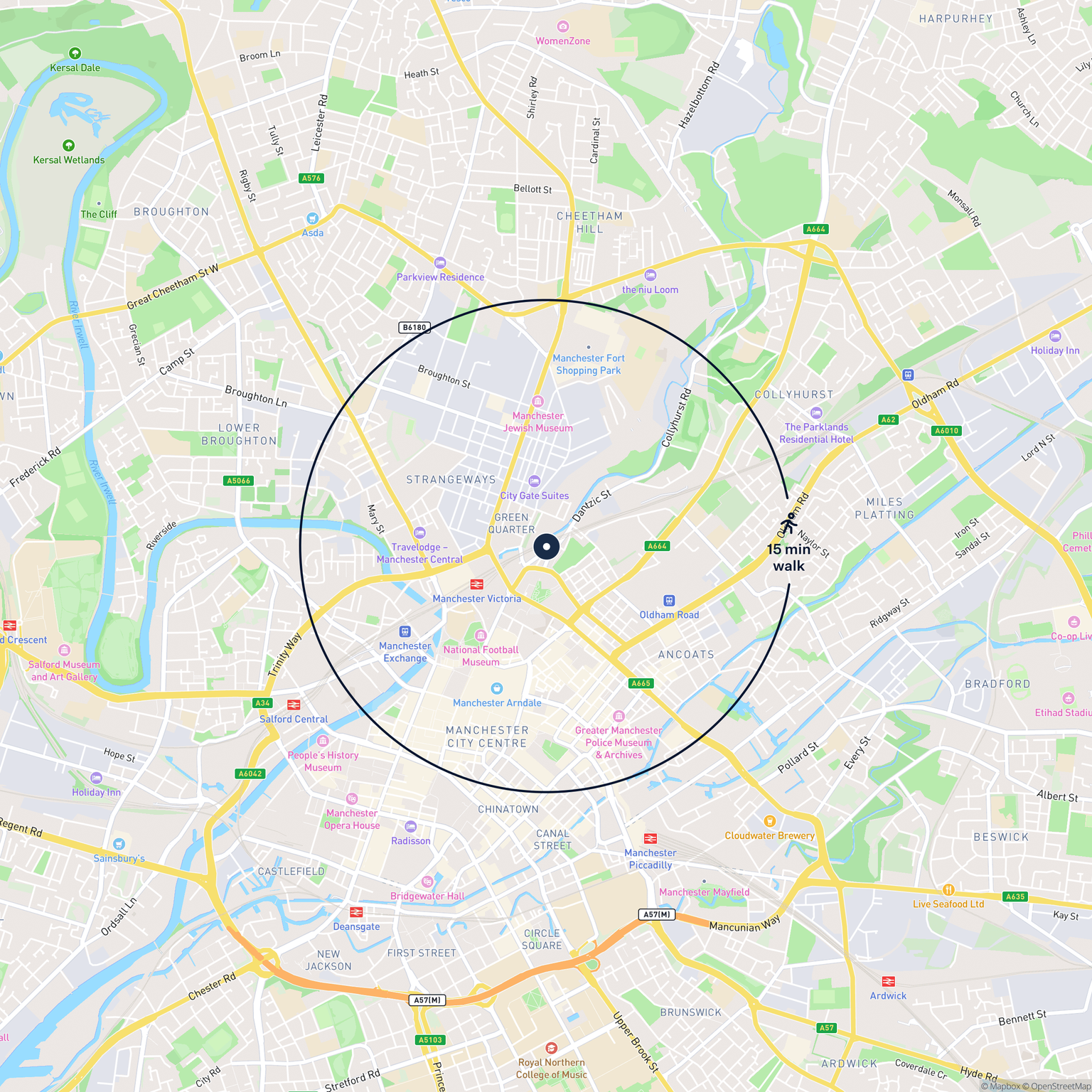 Map showing the location of 8 Corporation Street, Manchester, M4 4DG and the surrounding 15 minute walk area.