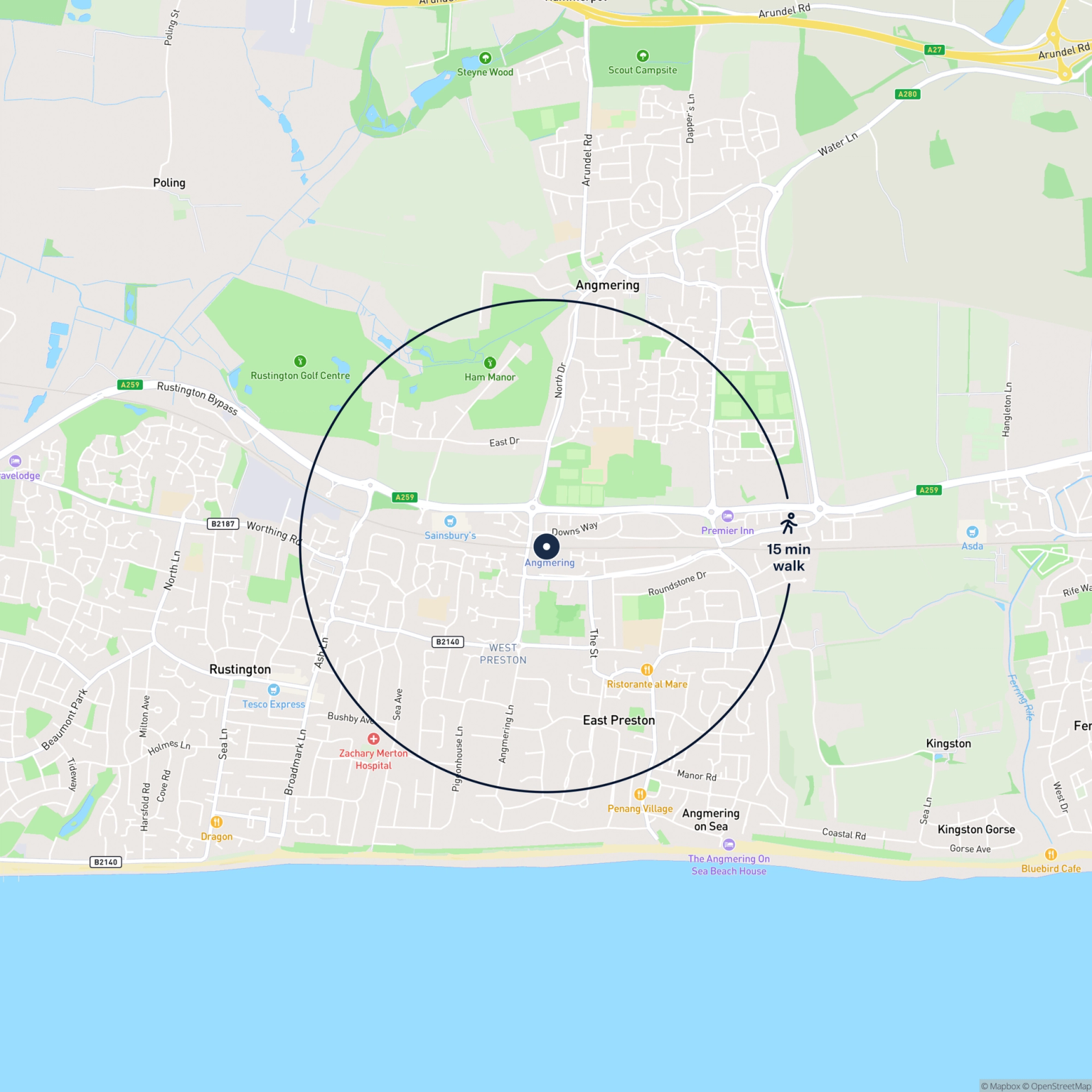 Map showing the location of Plot 5, Land in Former Goods Yard, Littlehampton, BN16 3RE and the surrounding 15 minute walk area.