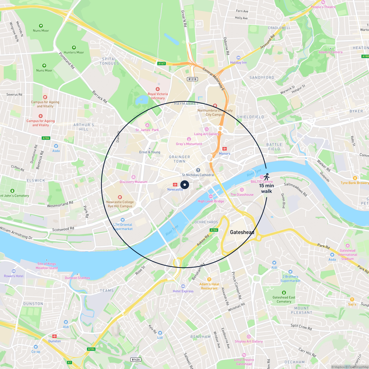 Map showing the location of 11 Forth Street, Newcastle Upon Tyne, NE1 3NZ and the surrounding 15 minute walk area.