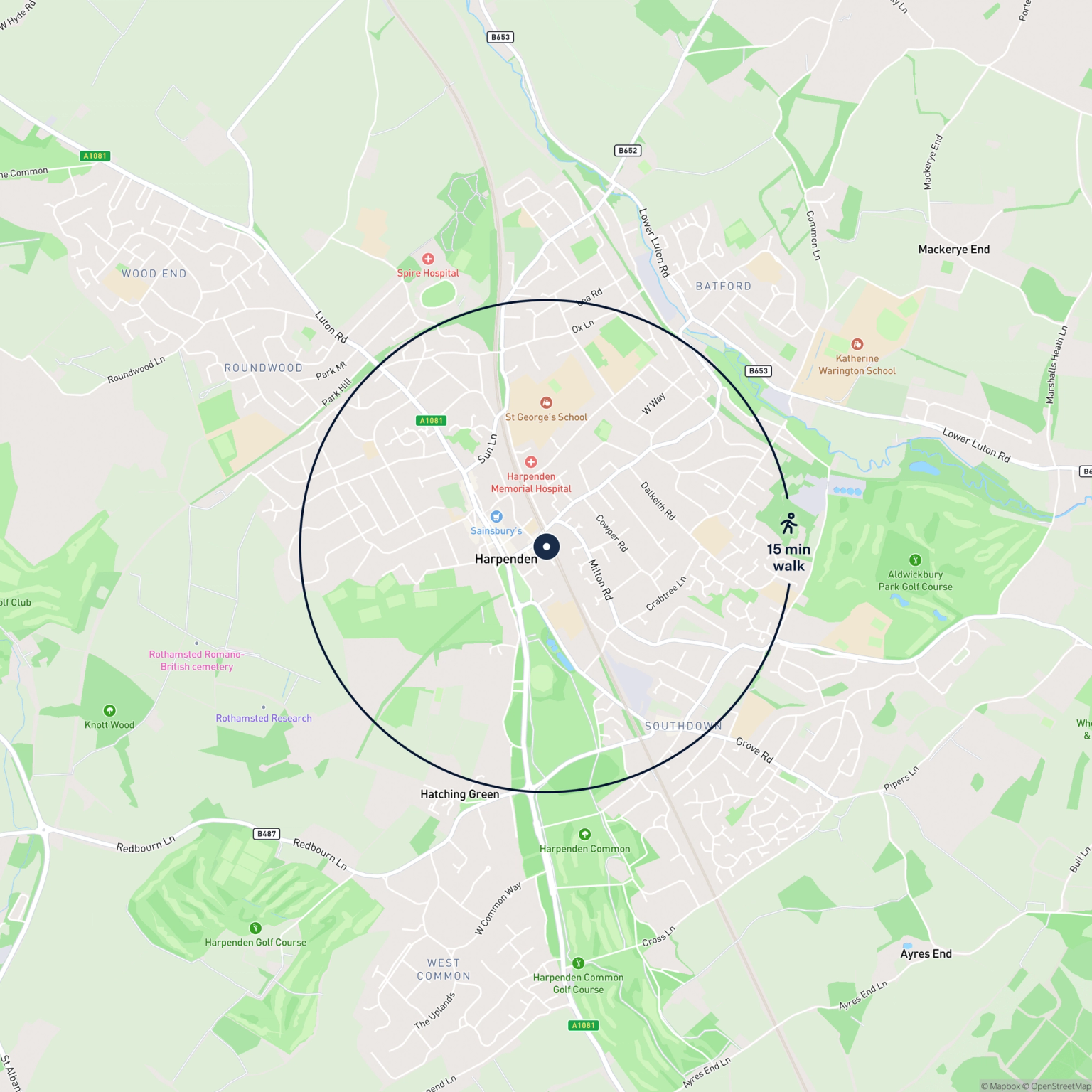 Map showing the location of Harpenden - Single Storey Building - 3 Station Approach, Harpenden, AL5 4SP and the surrounding 15 minute walk area.