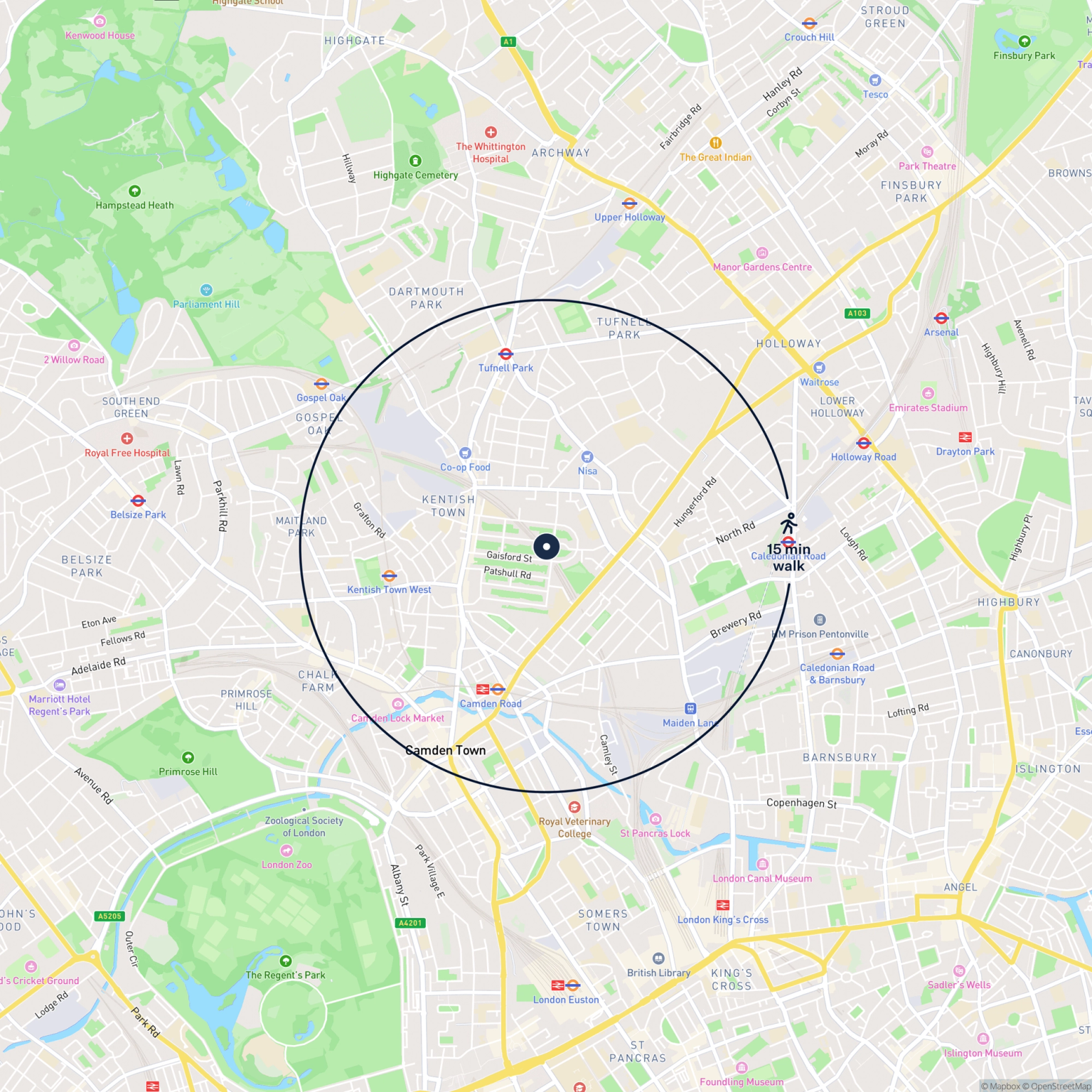 Map showing the location of Building 69 Caversham Road, London, NW5 2DR and the surrounding 15 minute walk area.