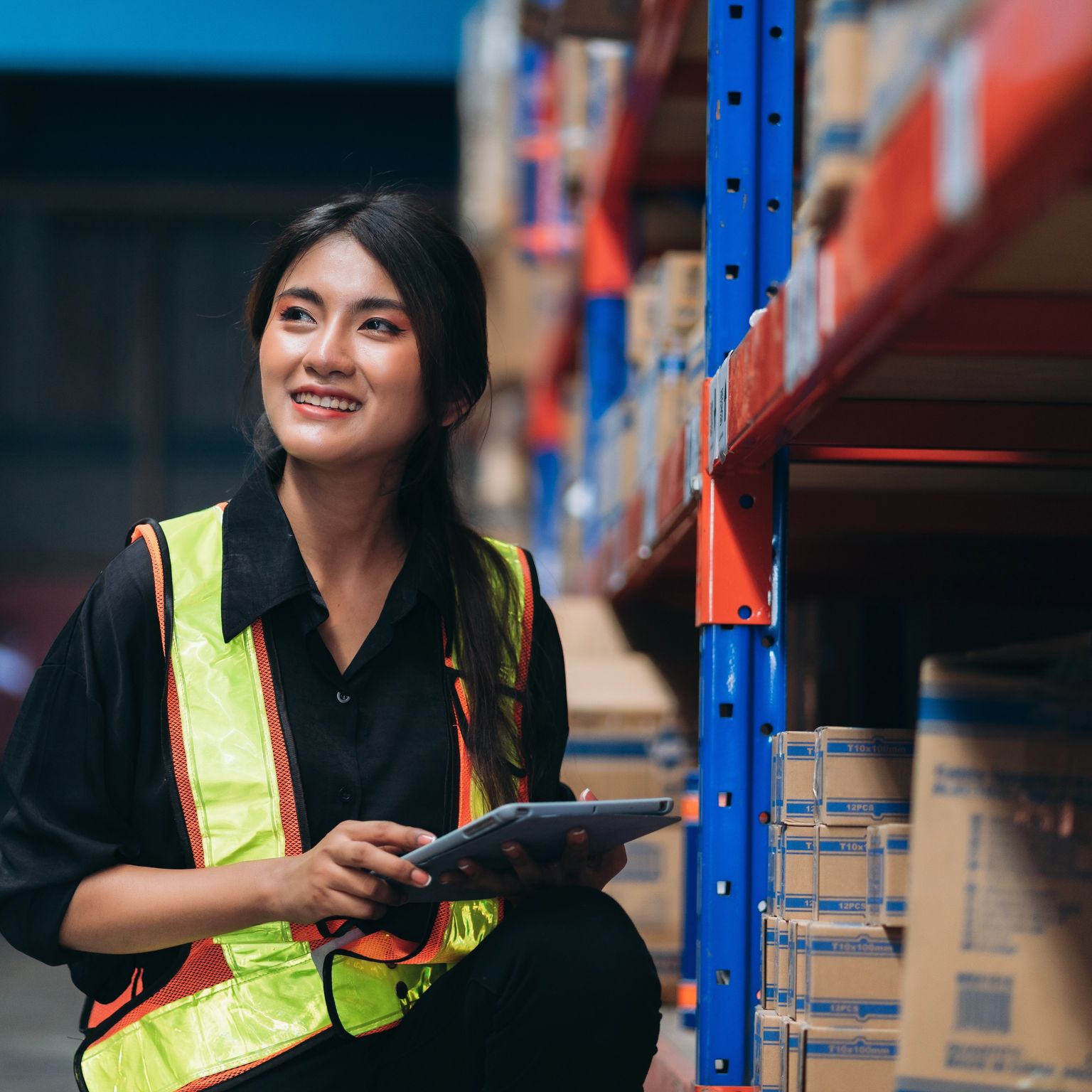 Smiling woman in a safety vest holding a tablet in a warehouse.