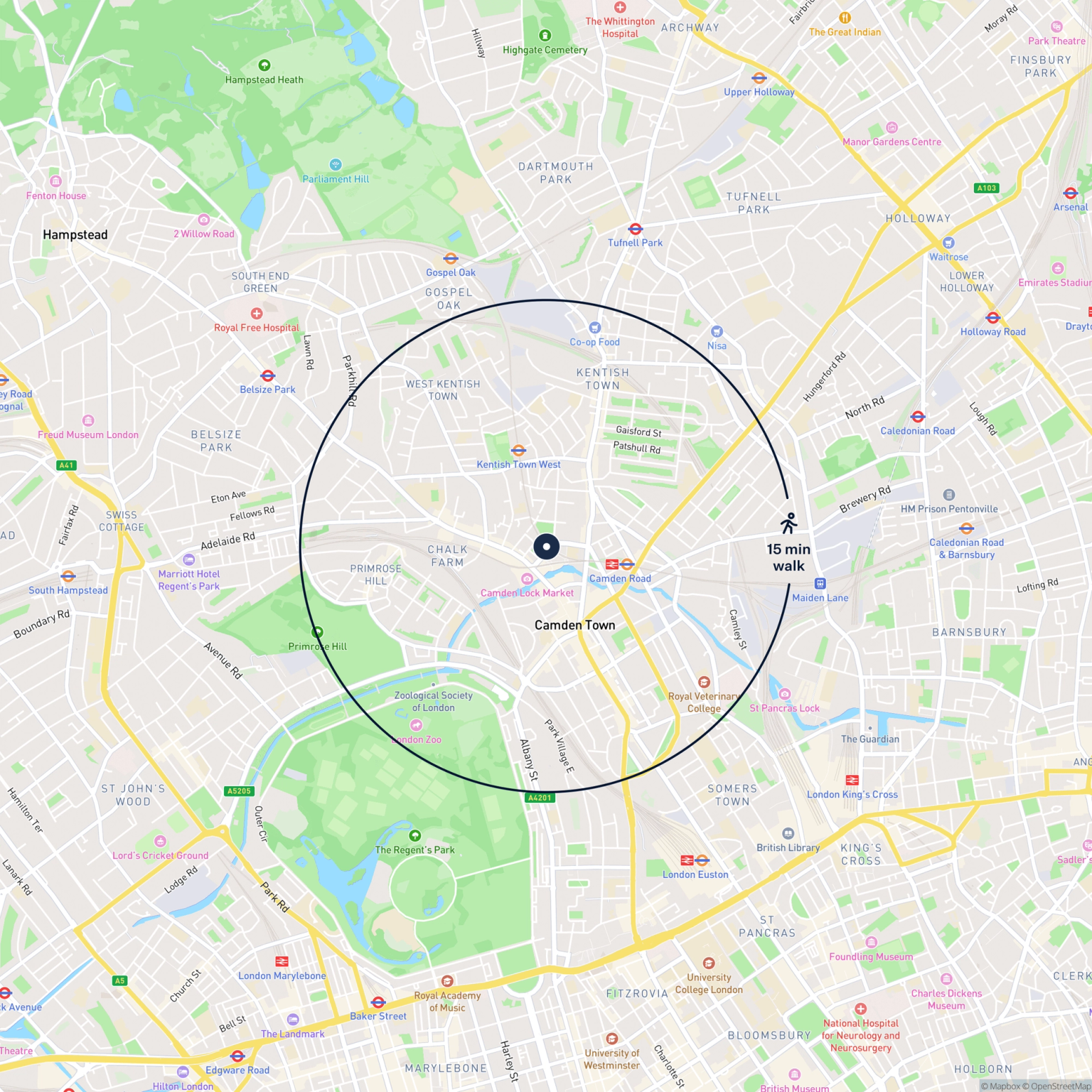 Map showing the location of 16 & 17 Castlehaven Road, London, NW1 8QY and the surrounding 15 minute walk area.