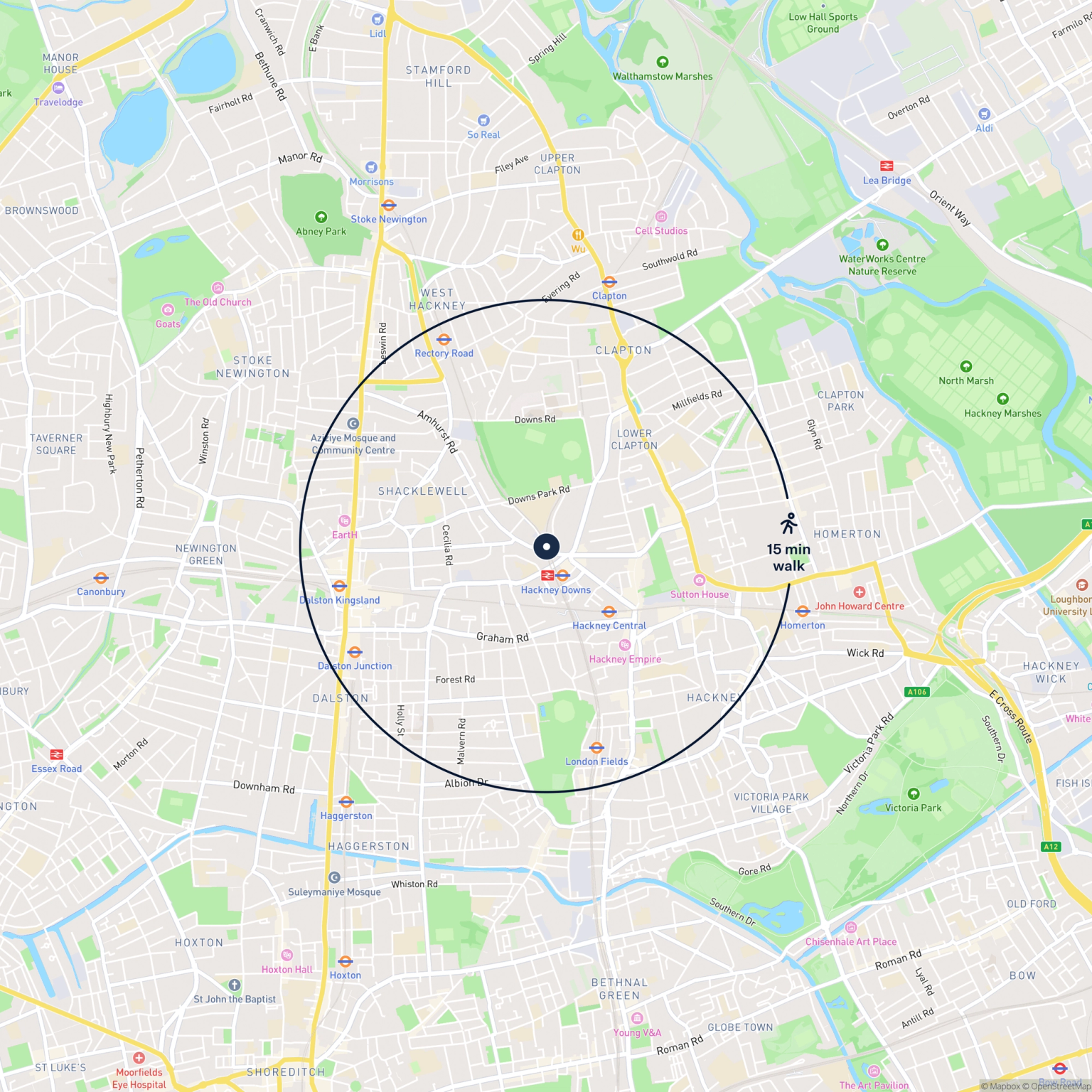 Map showing the location of Unit 452 Andre Street, London, E8 2AA and the surrounding 15 minute walk area.