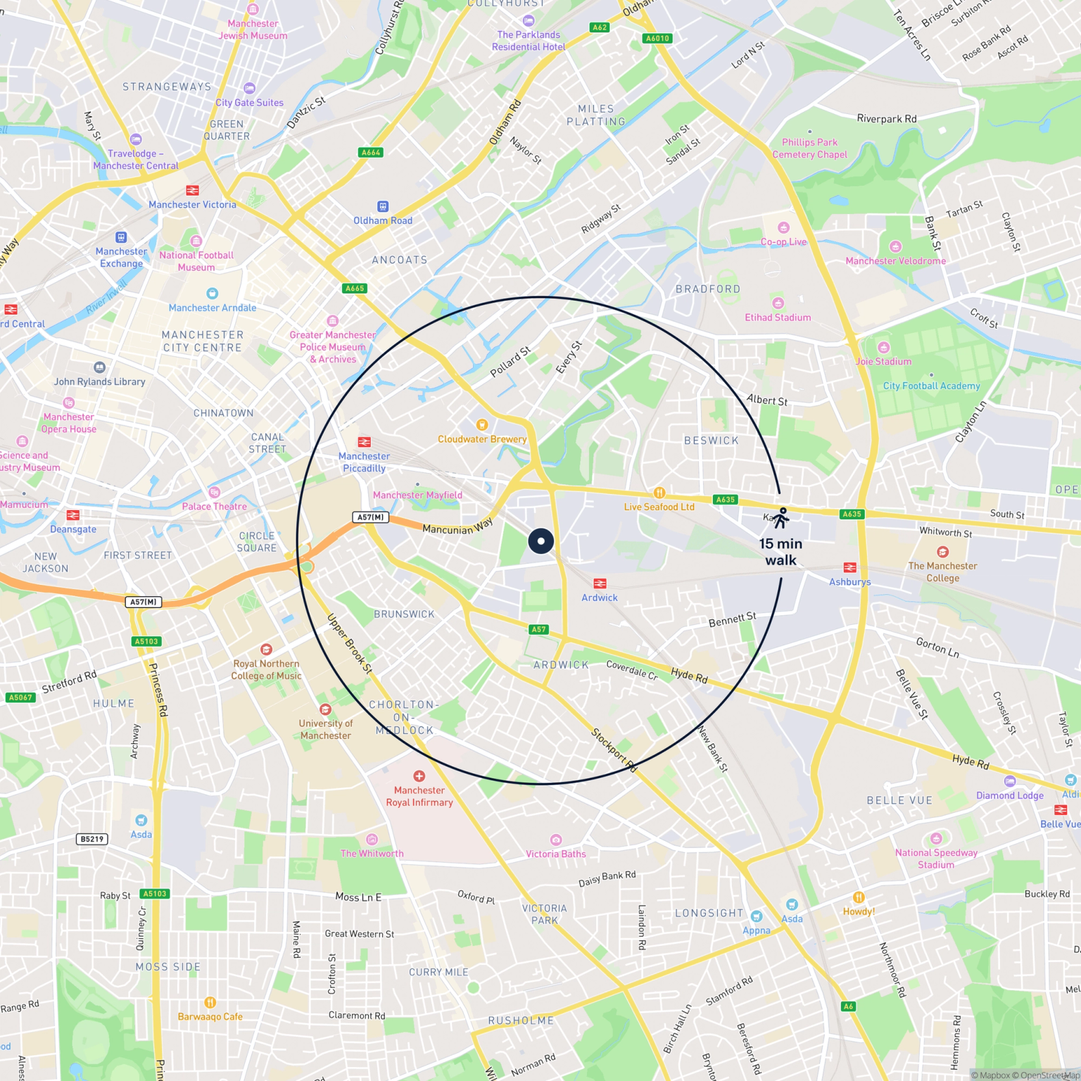 Map showing the location of 67A North Western Street, Manchester, M12 6DX and the surrounding 15 minute walk area.