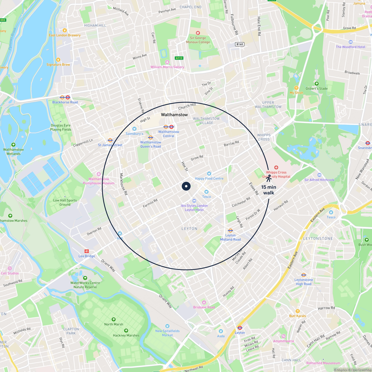Map showing the location of 79-80 Rosebank Road, Leytonstone, London, E17 8NH and the surrounding 15 minute walk area.
