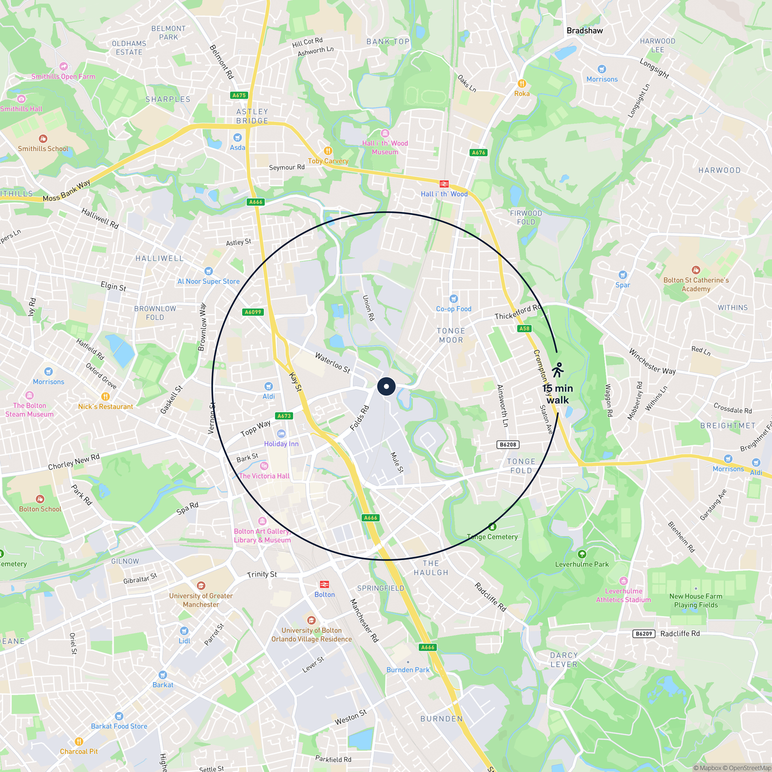 Map showing the location of 45-53 Folds Road Turner St, Bolton, BL1 2TT and the surrounding 15 minute walk area.