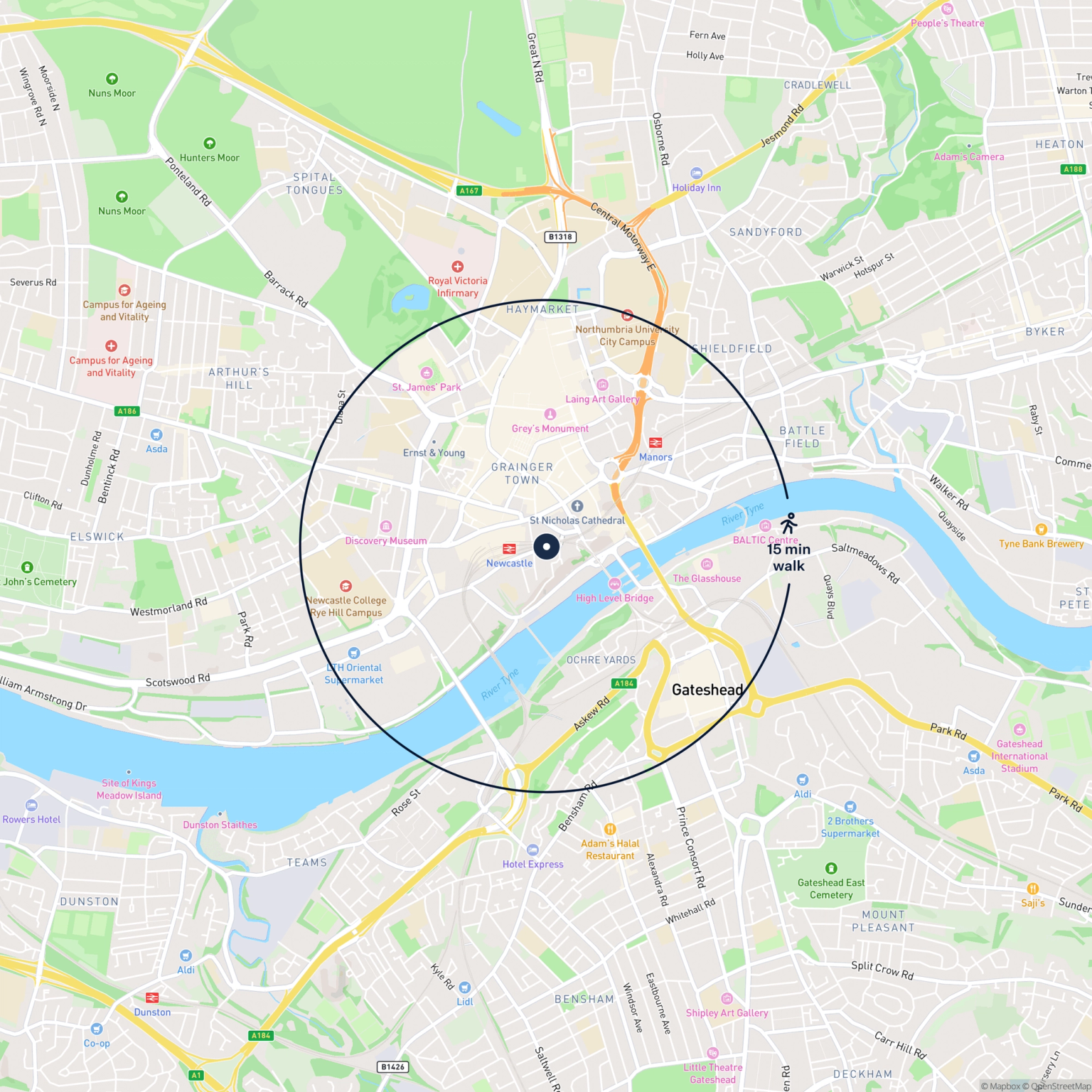 Map showing the location of 8 Forth Street , Newcastle Upon Tyne, NE1 3NZ and the surrounding 15 minute walk area.