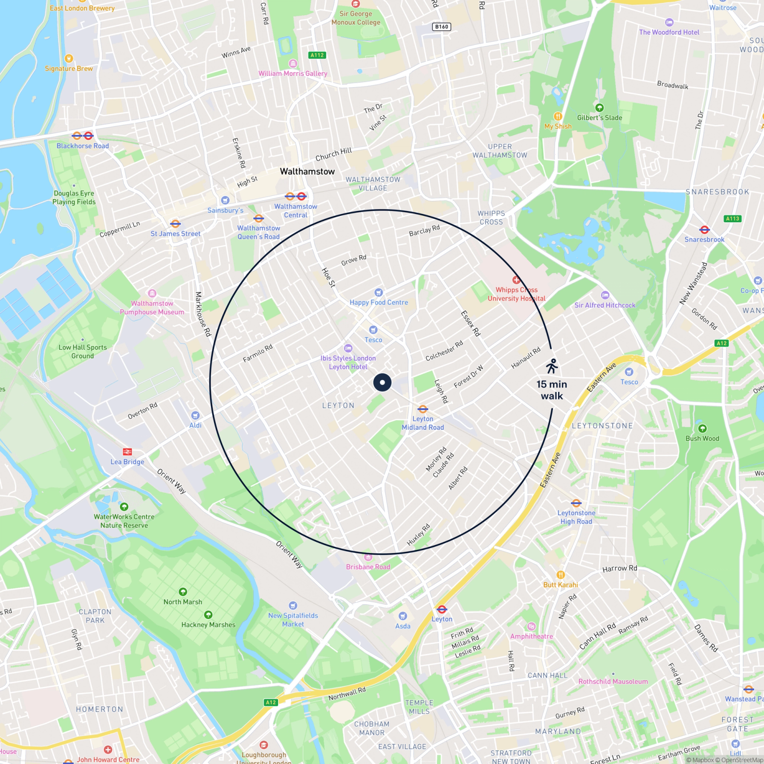 Map showing the location of 132 Skeltons Lane, London, E10 6JT and the surrounding 15 minute walk area.