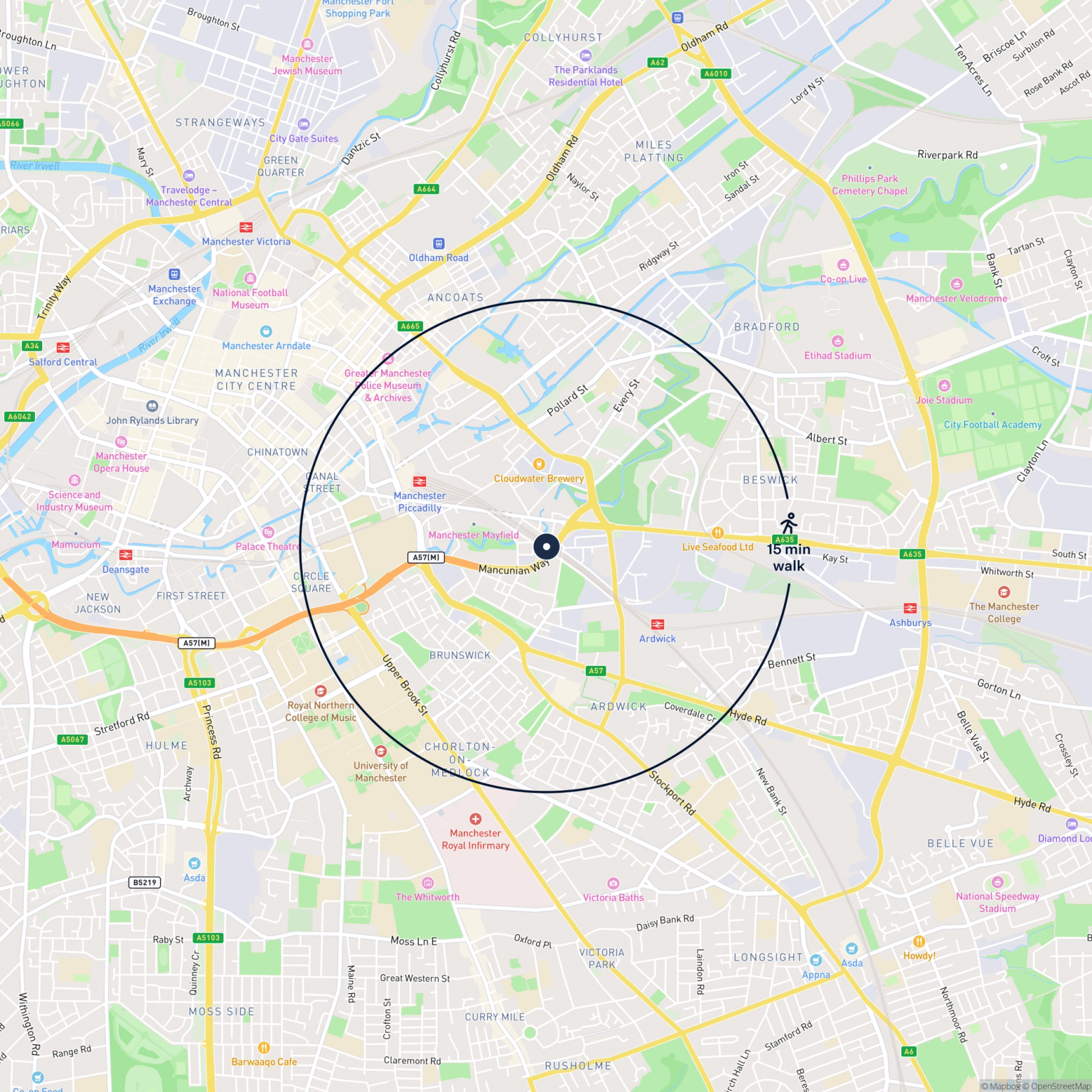 Map showing the location of 93 Temperance Street, Manchester, M12 6HU and the surrounding 15 minute walk area.