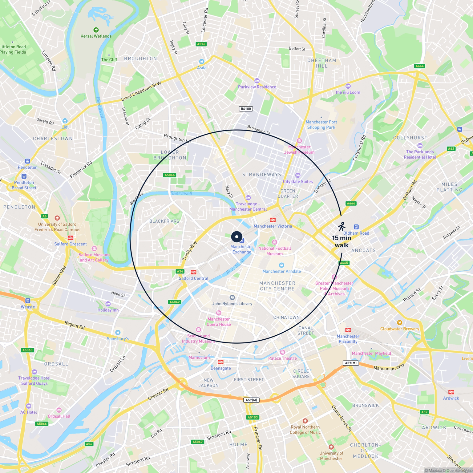 Map showing the location of 7 Norton Street, Salford, M3 7NW and the surrounding 15 minute walk area.