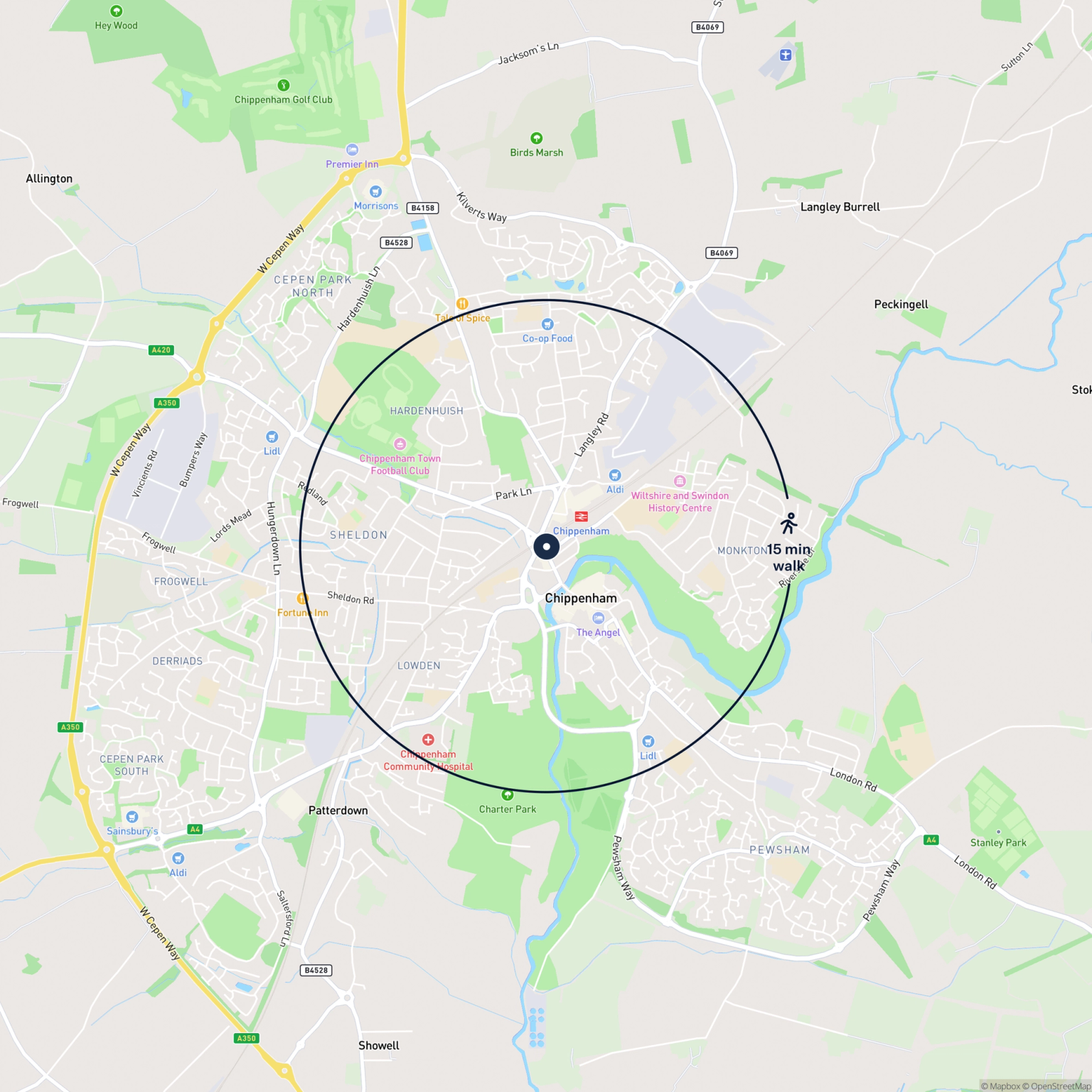 Map showing the location of 10B New Road, Chippenham, SN15 1HH and the surrounding 15 minute walk area.