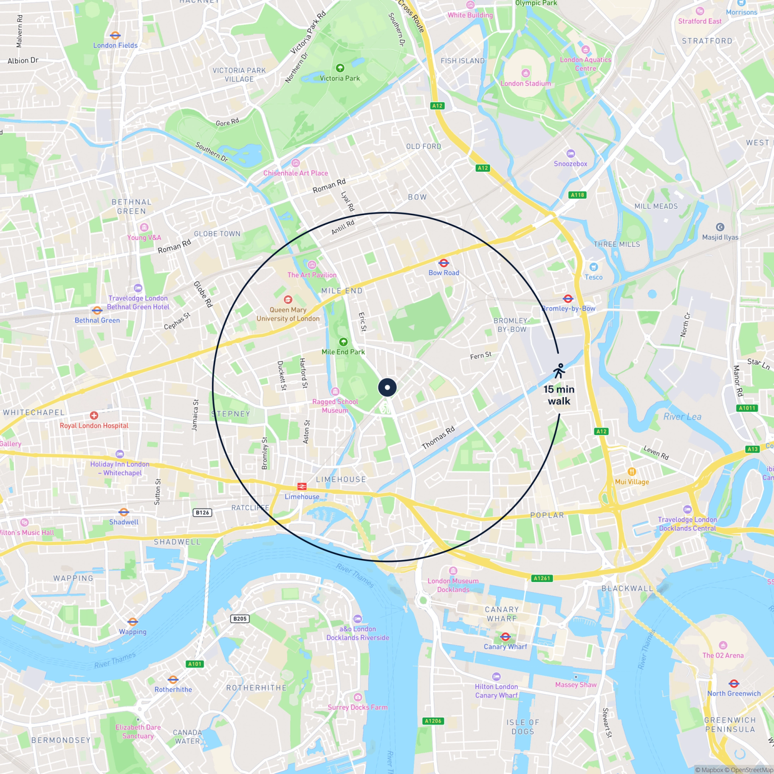 Map showing the location of 432 Burdett Road, Bow, E3 4JS and the surrounding 15 minute walk area.