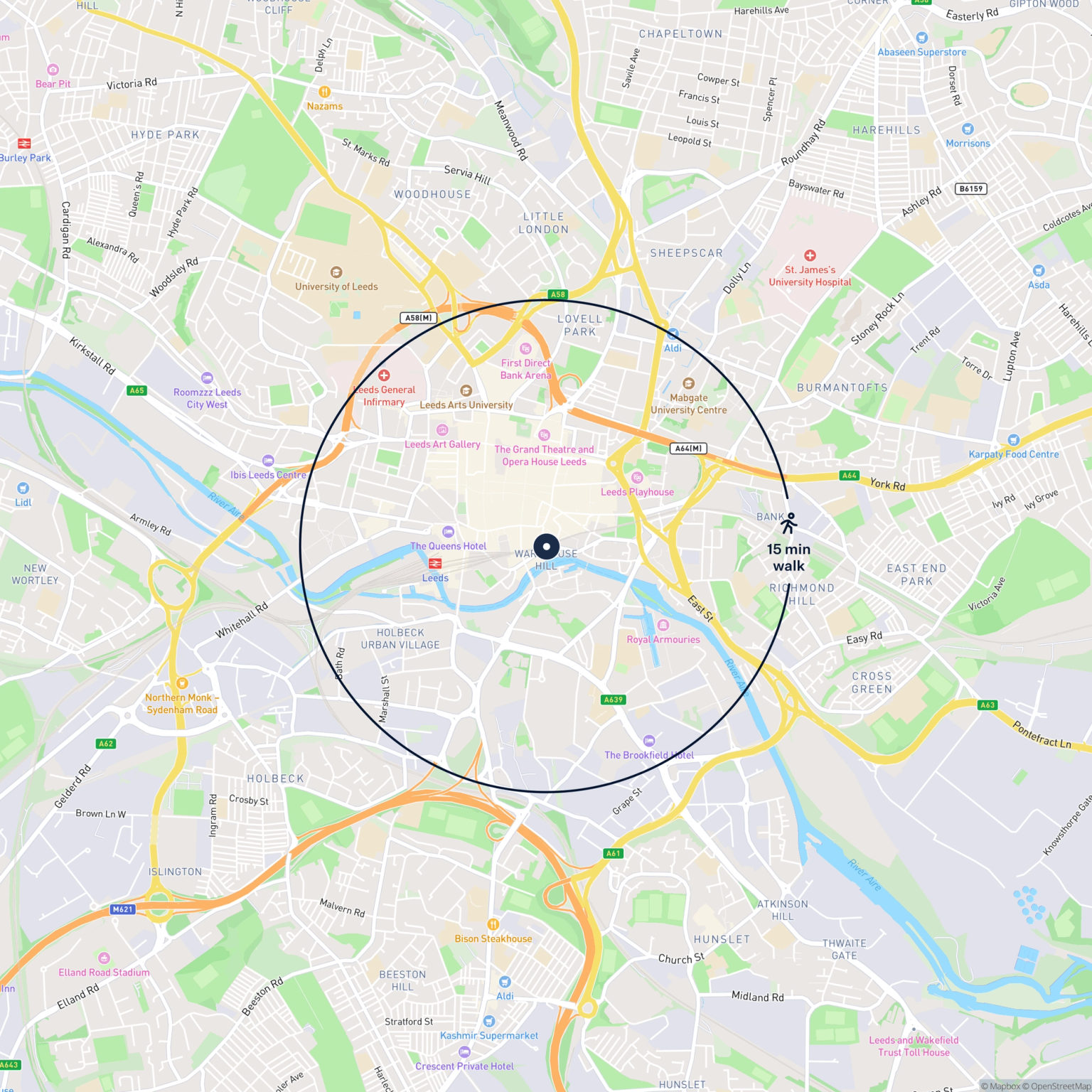 Map showing the location of 2 & 3 Cherry Tree Walk, Leeds, LS2 7EB and the surrounding 15 minute walk area.