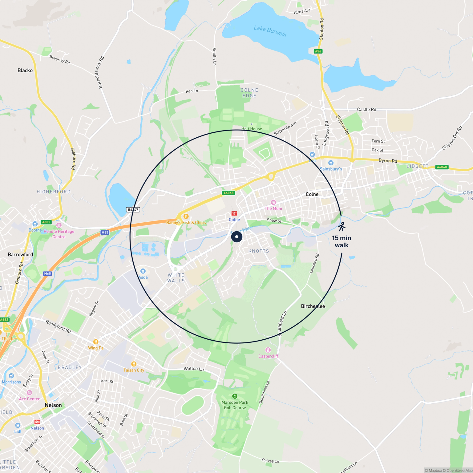 Map showing the location of 4 & 5 Knotts Lane Viaduct, Colne, BB8 8AD and the surrounding 15 minute walk area.